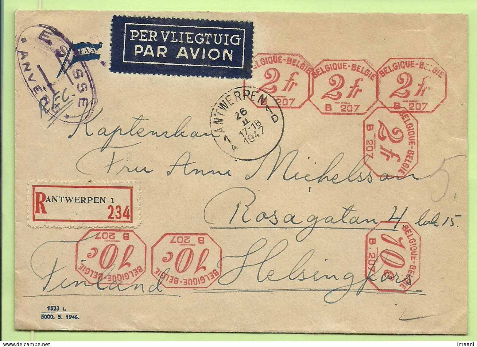 Roodfrankeering 2Fr (x4)+10c (x3) Op Brief Aangetekend Per Luchtpost (avion) ANTWERPEN Naar Helsingfors (Finland  (B9294 - ...-1959