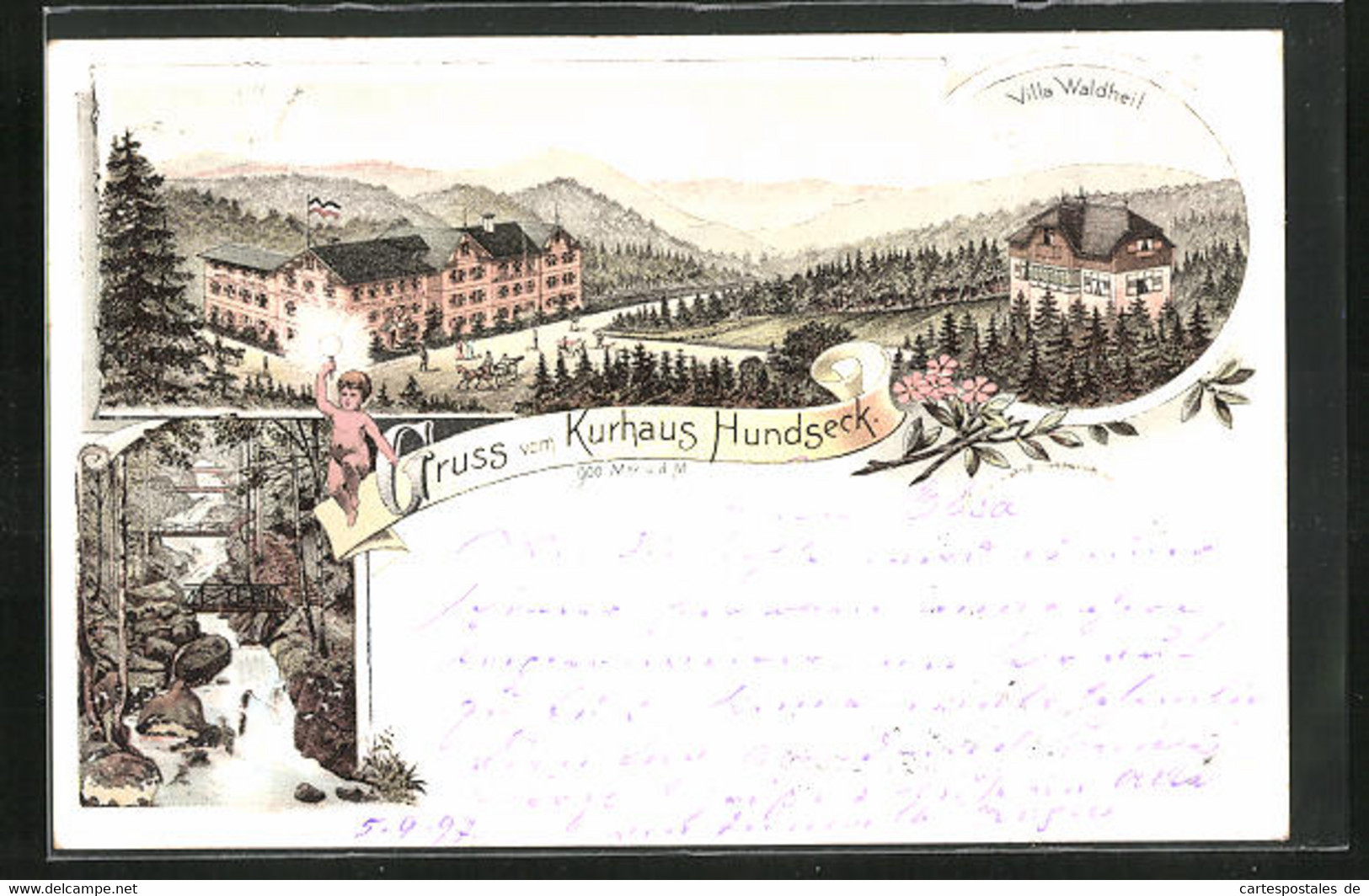 Lithographie Bühl, Kurhaus Hundseck, Villa Waldheil - Buehl