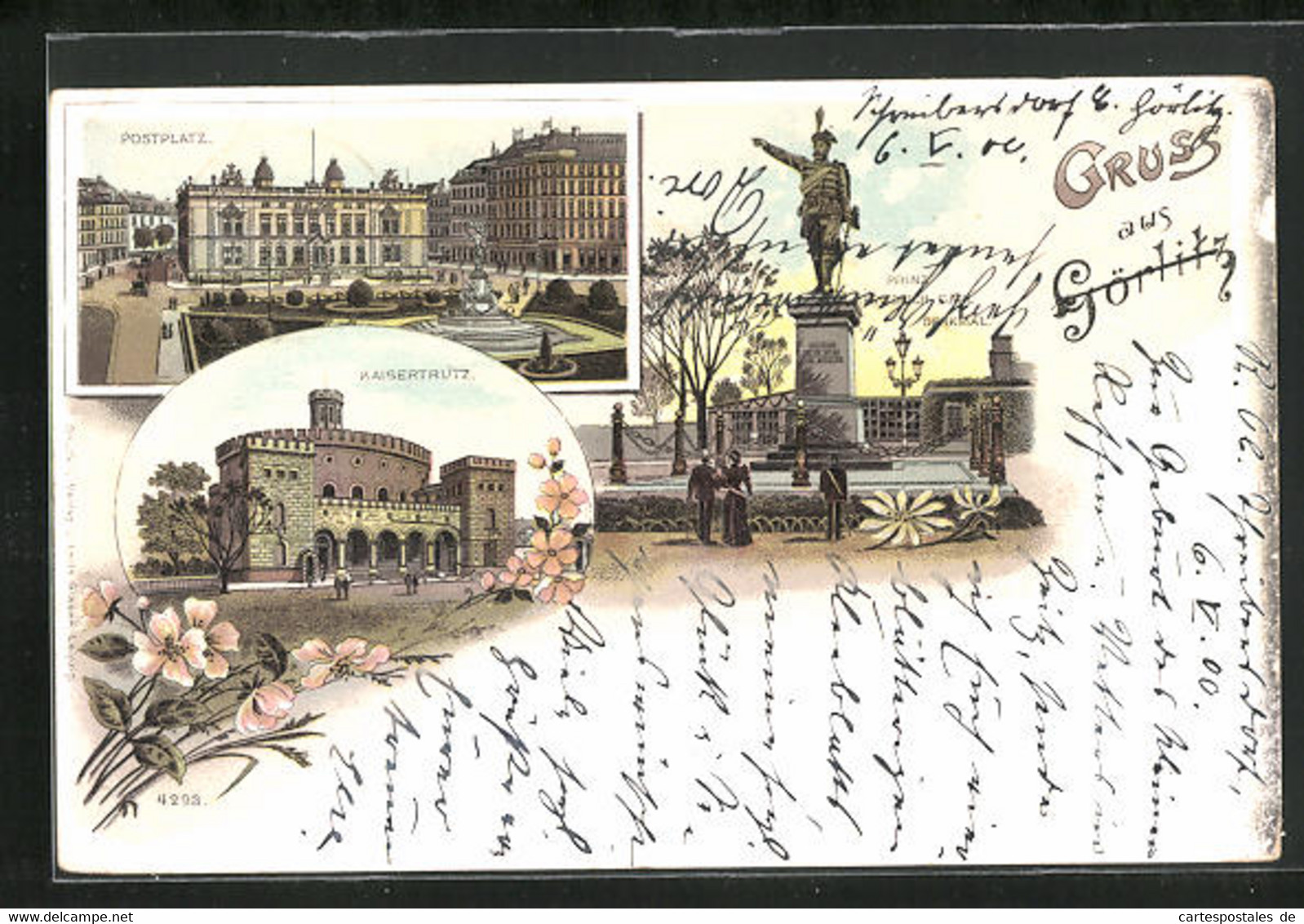 Lithographie Görlitz, Postplatz, Kaisertrutz, Prinz Friedrich Carl-Denkmal - Goerlitz