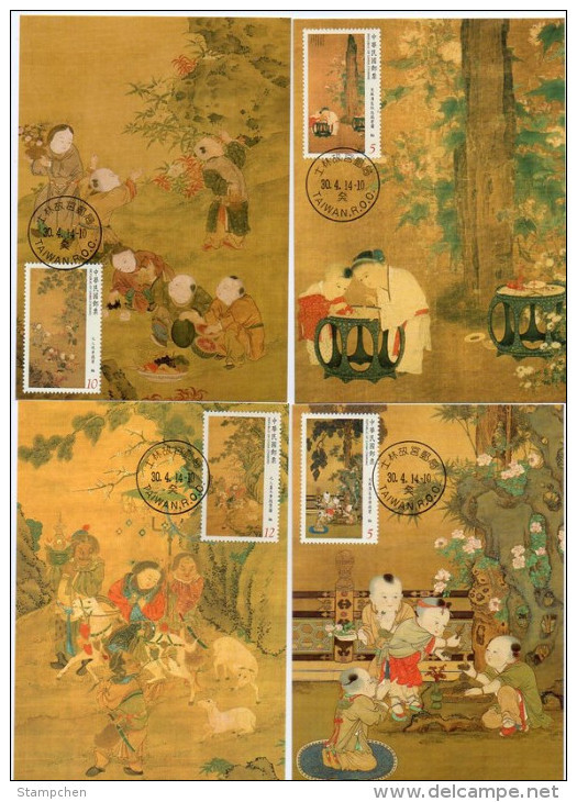 Maxi Cards(B) Taiwan 2014 Ancient Chinese Painting-Children At Play Stamps Buddha Summer Autumn Winter Rock Flower - Cartoline Maximum