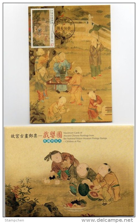 Maxi Cards(B) Taiwan 2014 Ancient Chinese Painting-Children At Play Stamps Buddha Summer Autumn Winter Rock Flower - Maximum Cards