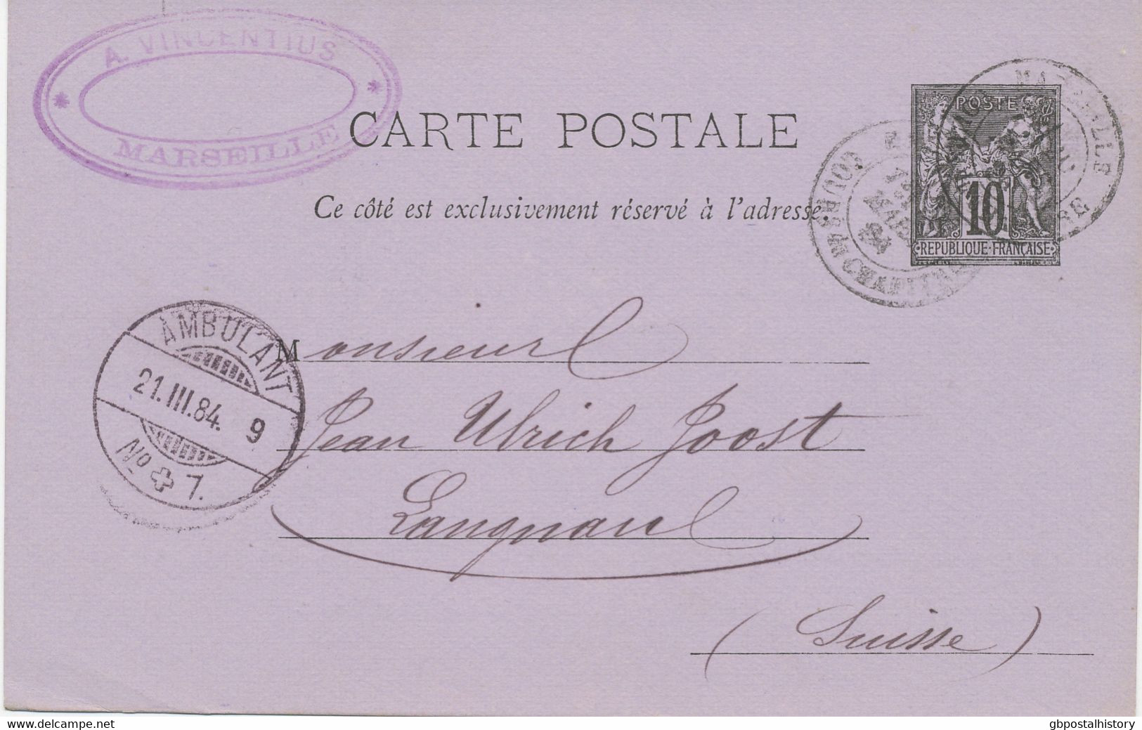 FRANKREICH 1884 10C Schwarz A. Violett Allegorie: Handel Und Frieden PRIVAT-GA - Pseudo Privé-postwaardestukken