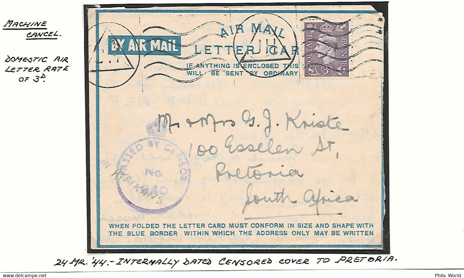 MARITIME MAIL WW2 JH Triangle Machine Cancel DURBAN 1944 WW2 Air Letter Card SOUTH AFRICA British NAVAL Censored - Lettres & Documents