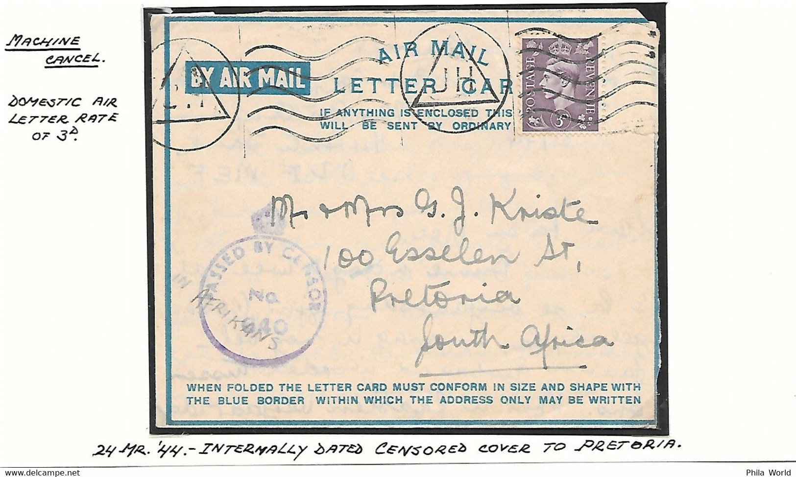 MARITIME MAIL WW2 JH Triangle Machine Cancel DURBAN 1944 WW2 Air Letter Card SOUTH AFRICA British NAVAL Censored - Covers & Documents