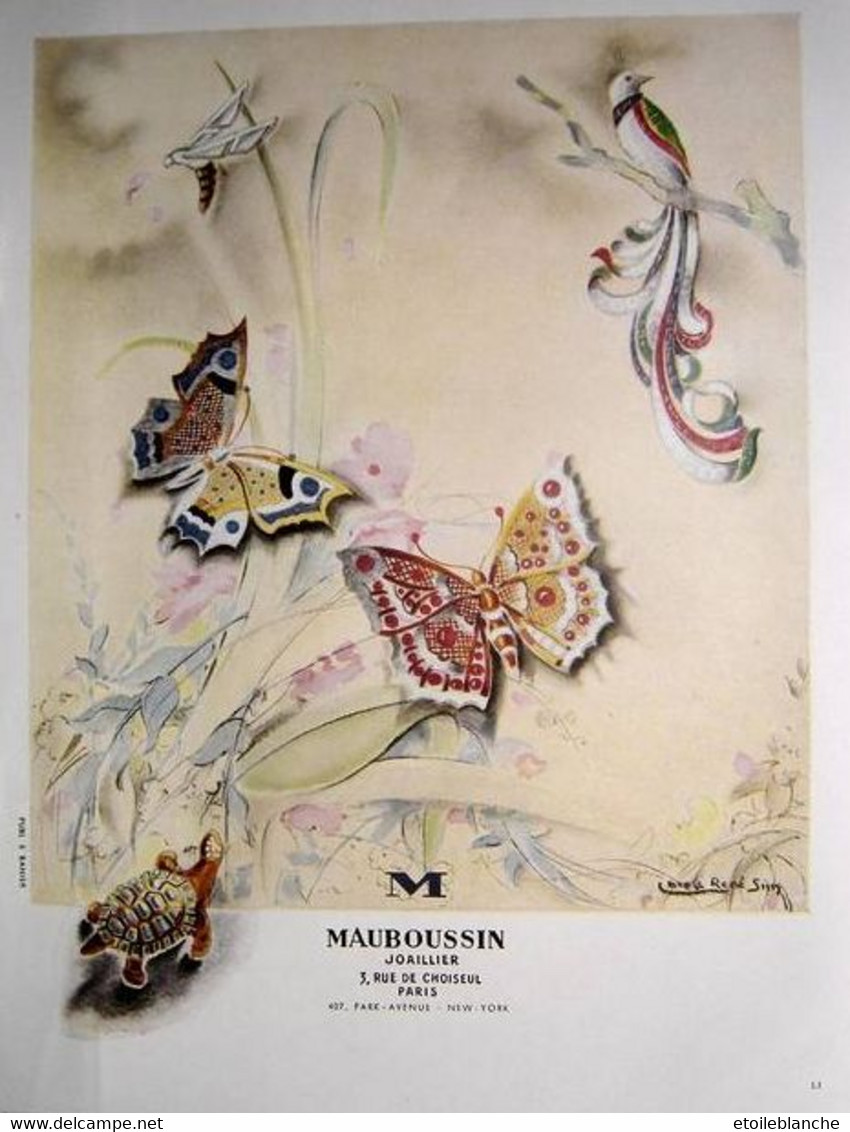 Publicité Illustrée 1947 MAUBOUSSIN Joaillier Paris Rue De Choiseul (bijoux, Tortue, Papillon, Oiseau-lyre, Insecte) - Advertising