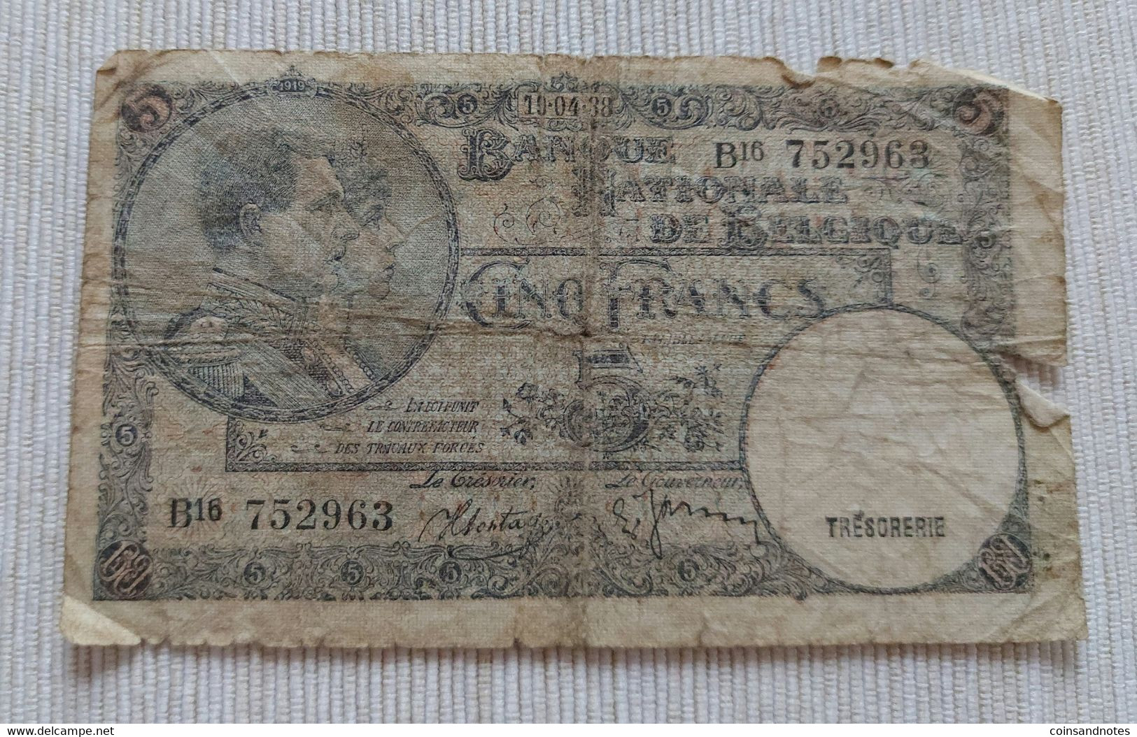 Belgium 5Fr Biljet Type “1919" - Morin 12 - Nr B16 752963 - F - 5 Francos