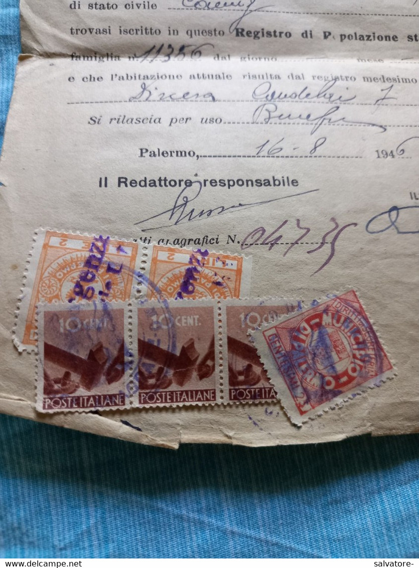 DOCUMENTO CON 3 FRANCOBOLLI 10 CENTESIMI LUOGOTENENZA + 2 MARCHE DA BOLLO MUNICIPIO DI PALERMO 1946 - Revenue Stamps