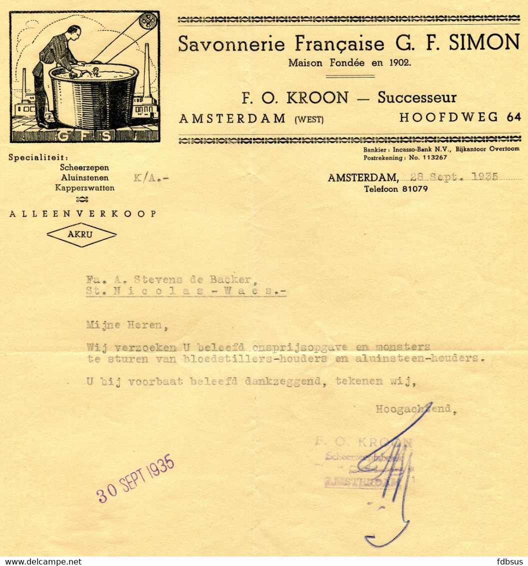 1935 Zeer Mooie Hoofding Savonnerie Française G.F. SIMON - F.O. KROON Amsterdam West Hoofdweg - AKRU - GFS - Nederland