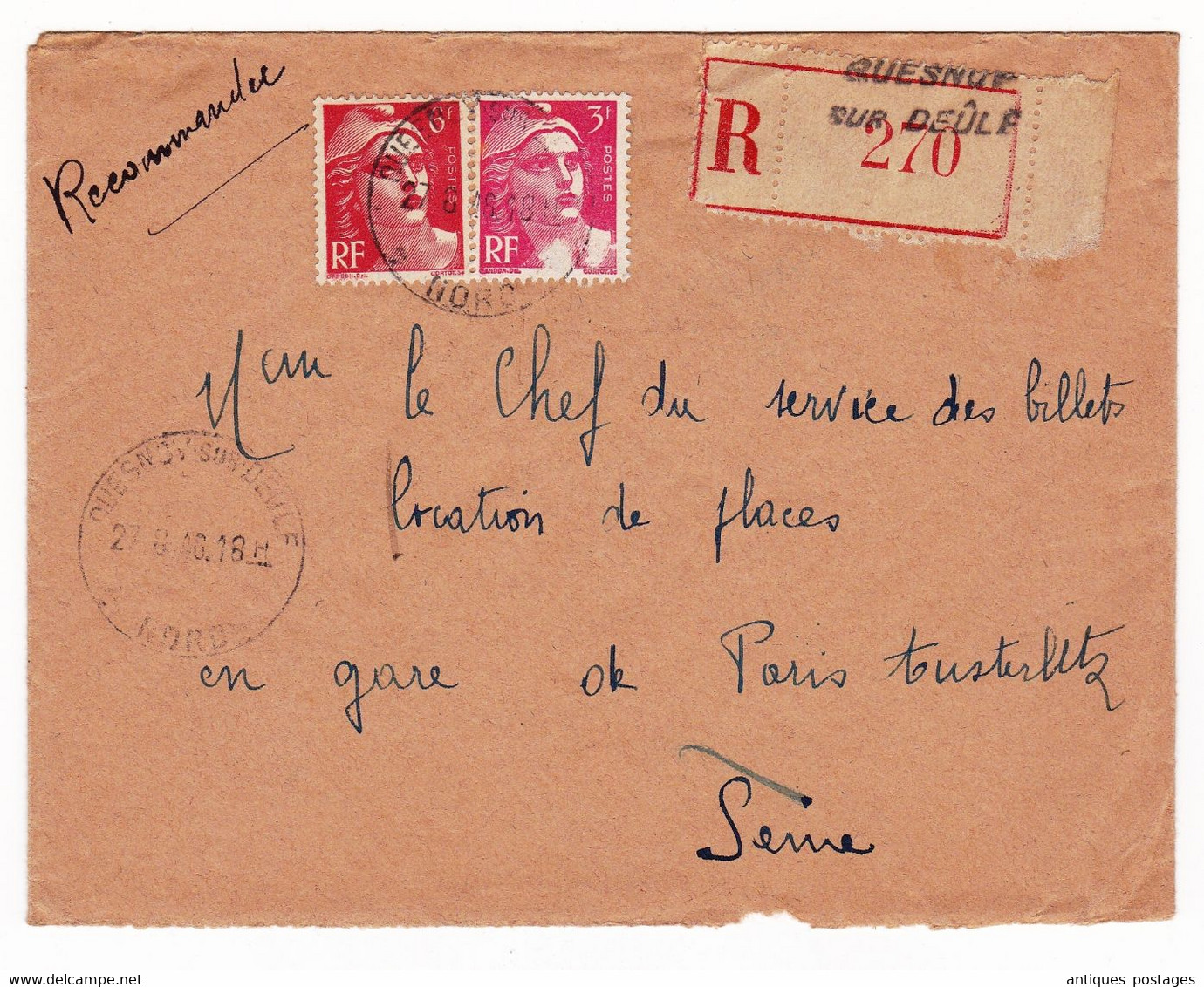 Lettre Recommandée 1946 Quesnoy Sur Deule Nord Marianne De Gandon 6 Francs  + 3 Francs - 1945-54 Maríanne De Gandon