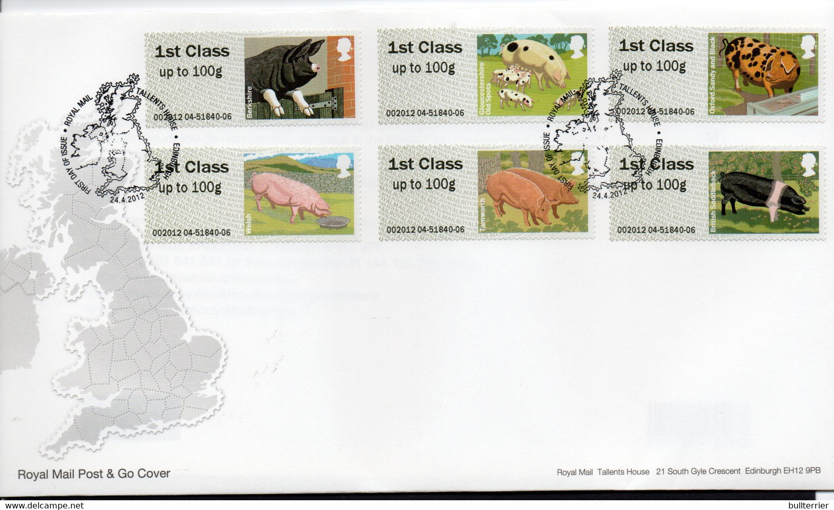 GREAT BRITAIN -2012- POST AND GO  PIGS SET OF 6 ON ILLUSTRATED FDC - Post & Go (automatenmarken)
