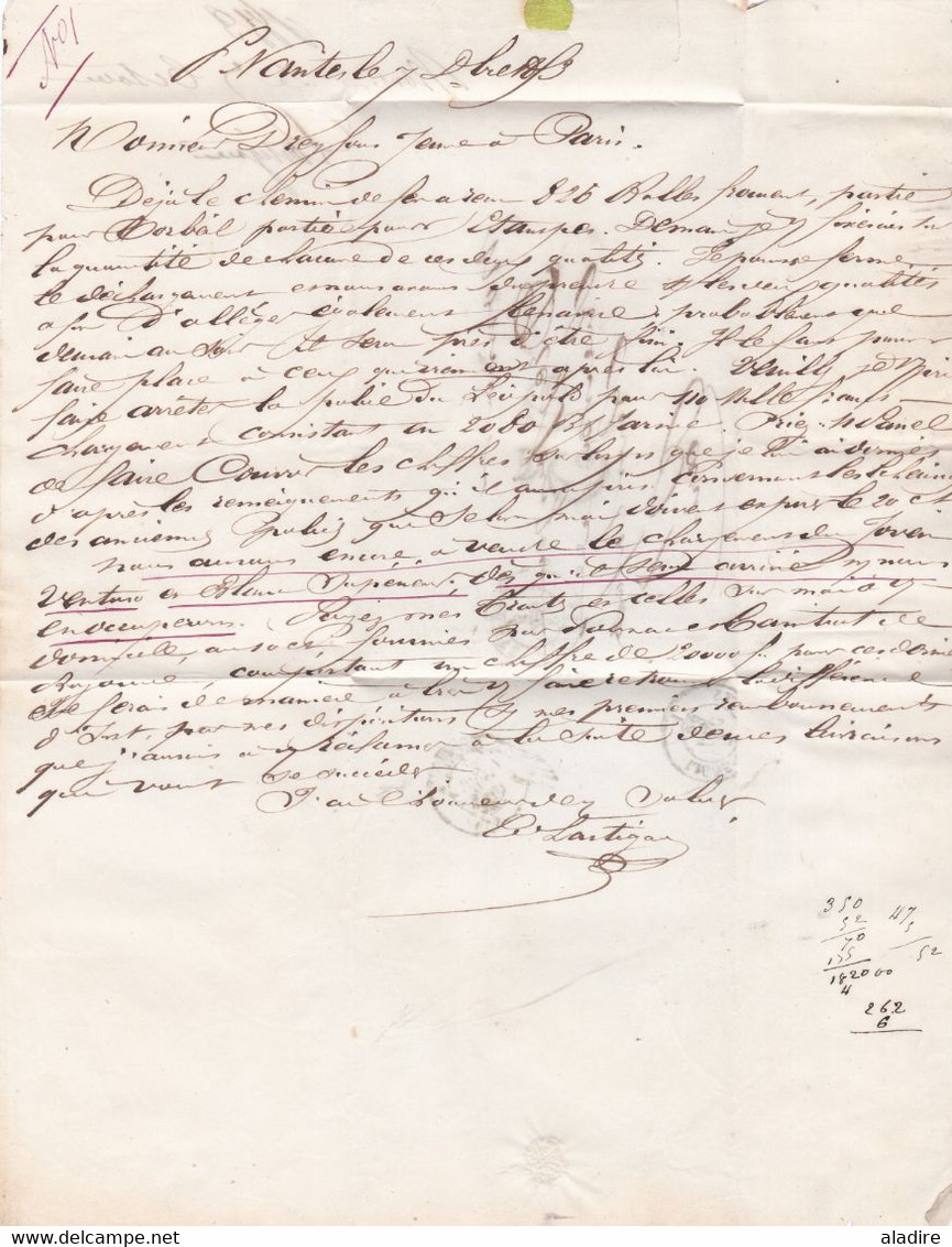1853 - Lettre pliée avec correspondance de Nantes vers Paris - ligne de ? - cad arrivée