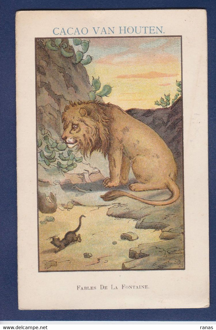 Chromo Chocolat Publicitaire Van Houten Art Nouveau En 2 Volets Fables De La Fontaine Lion Rat - Van Houten