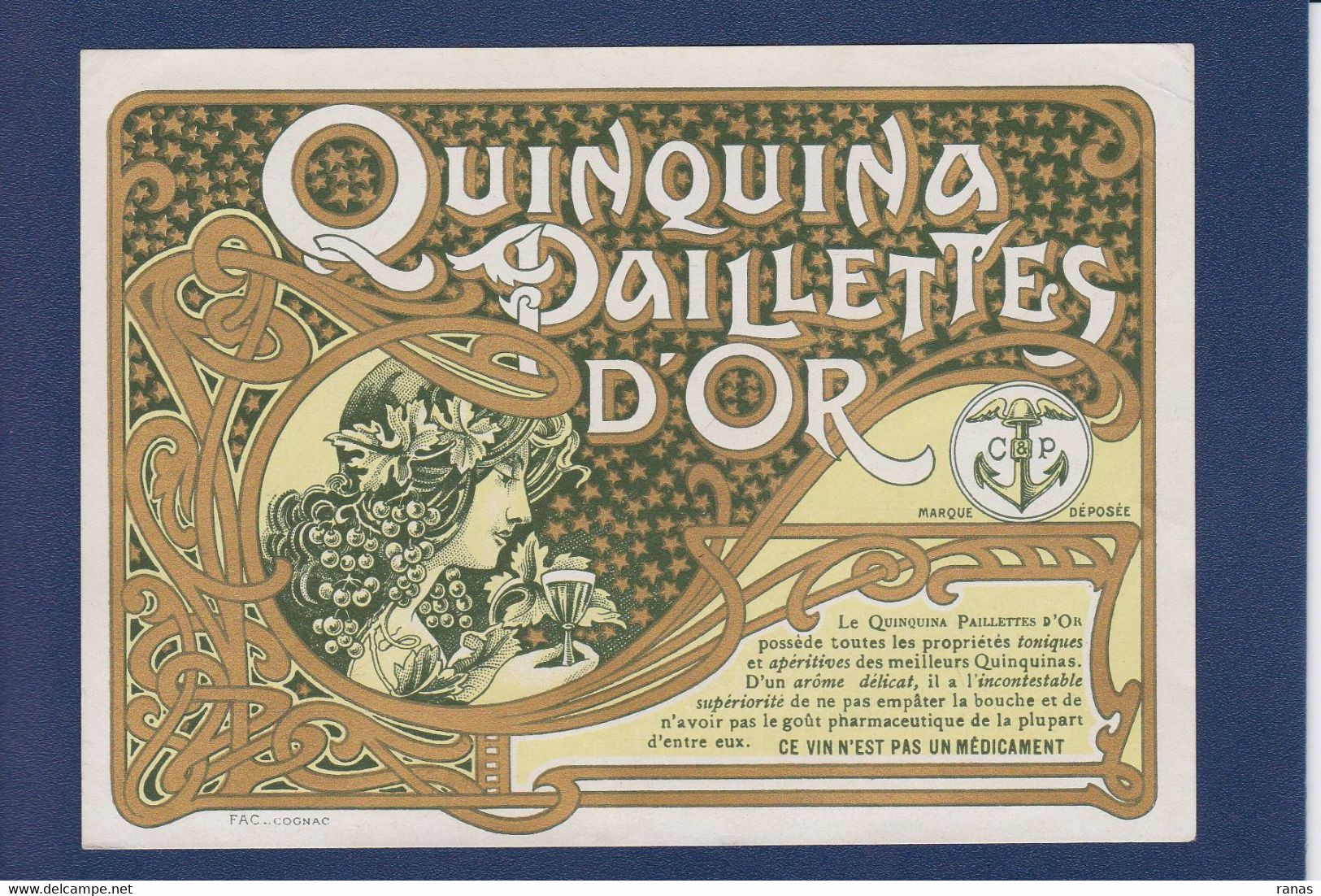 étiquette Alcool Quinquina Paillettes D'or Art Nouveau Femme Women - Advertising