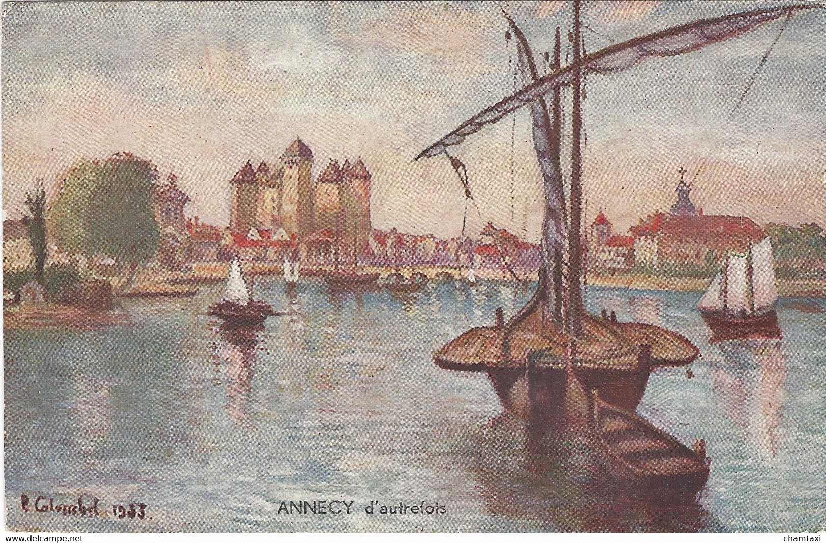 74 ANNECY CARTE DE L ILLUSTRATEUR COLOMBEL VOILIER SUR LE LAC D ANNECY CHATEAU CARTE AQUARELLE COULEUR - Annecy