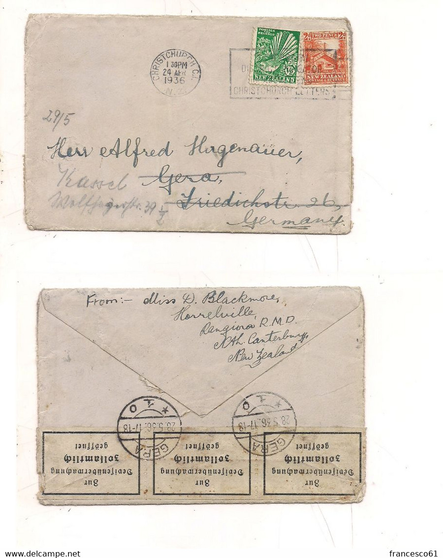 4138) NEW ZELAND 1936 Cover To Germany 2 Stamps GERA ZOLLAMTLICH - Covers & Documents