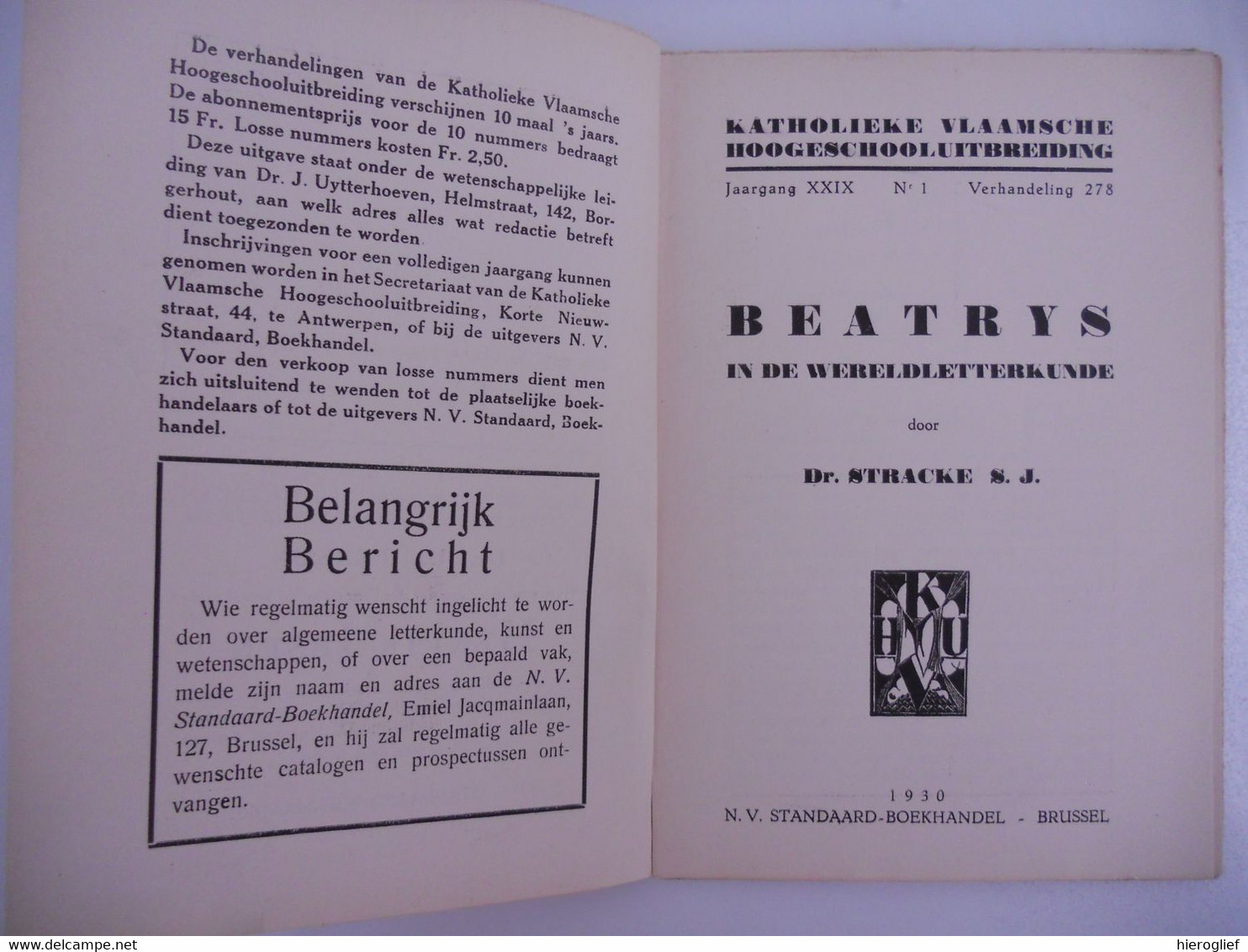 BEATRYS IN DE WERELDLITERATUUR Door Dr. Stracke 1930 Beatrijs Heilige Legende Middelnederlandse Marialegende Handschrift - Histoire