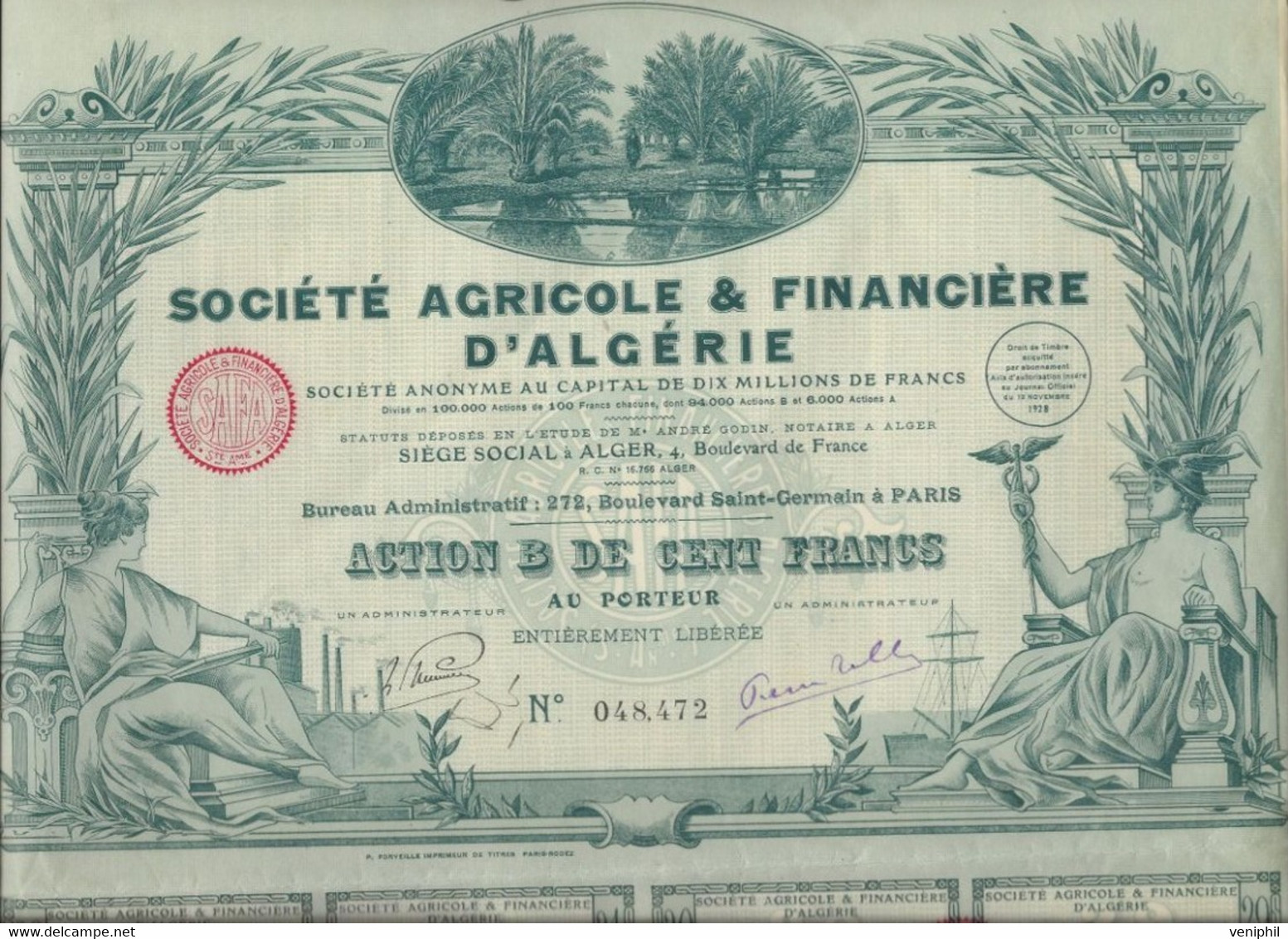 SOCIETE AGRICOLE ET FINANCIERE D'ALGERIE -ACTION ILLUSTREE DE CENT FRANCS - ANNEE 1928 - Landwirtschaft
