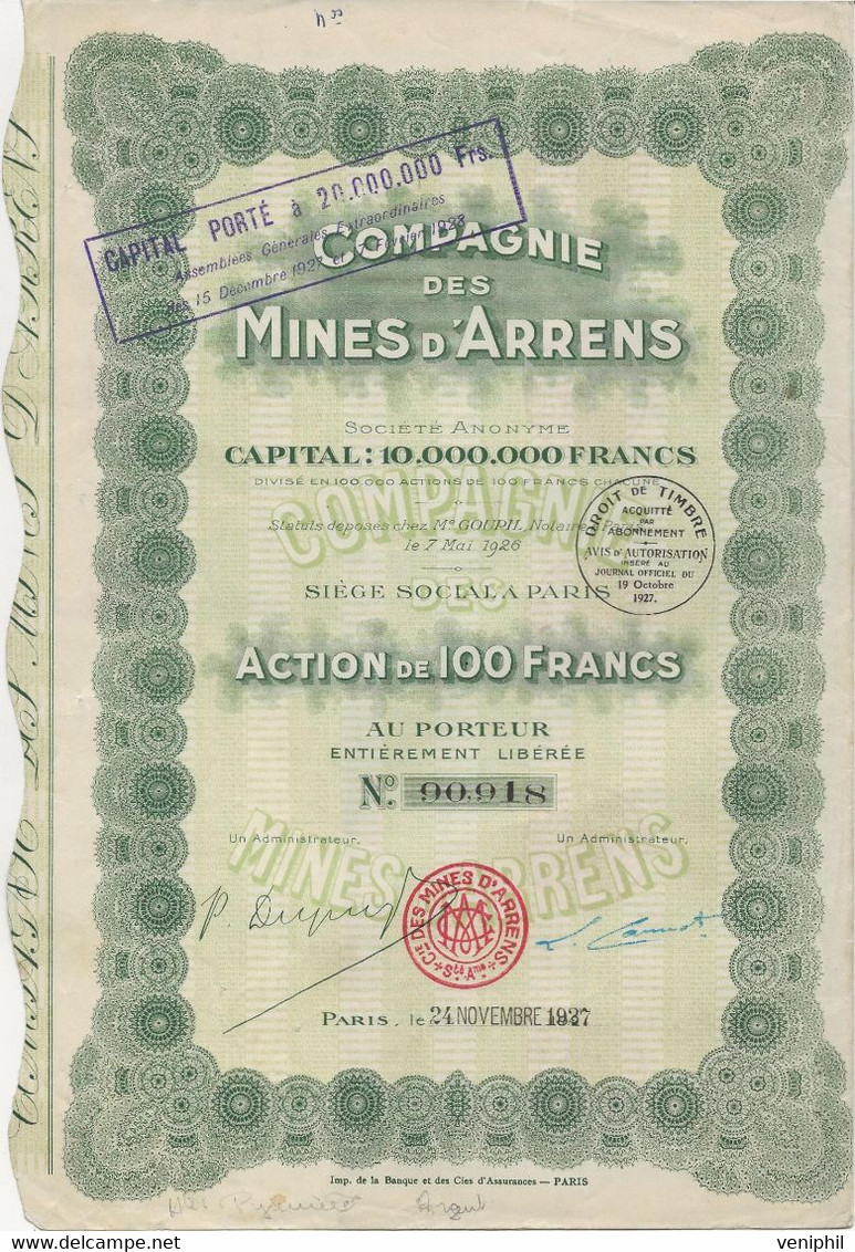 SOCIETE DES MINES DES MINES D'ARRENS - ACTION DE 100 FRANCS -ANNEE 1937 - Mineral