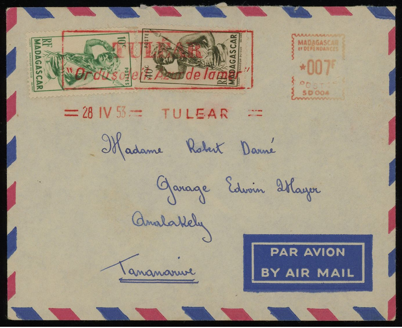 Madagascar 1953 Cover From Tulear To Tananarive, METER + STAMPS FRANKING And Beautiful Red Slogan Postmark Of Tulear - Lettres & Documents