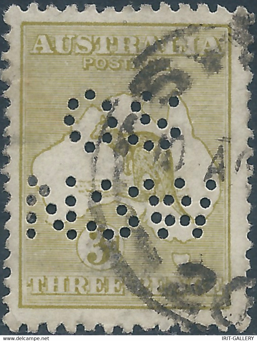 AUSTRALIA - New South Wales, 1913 Kangaroo 3P Yellowish Olive ( PERFIN - OS NSW ) Obliterated - Perfins