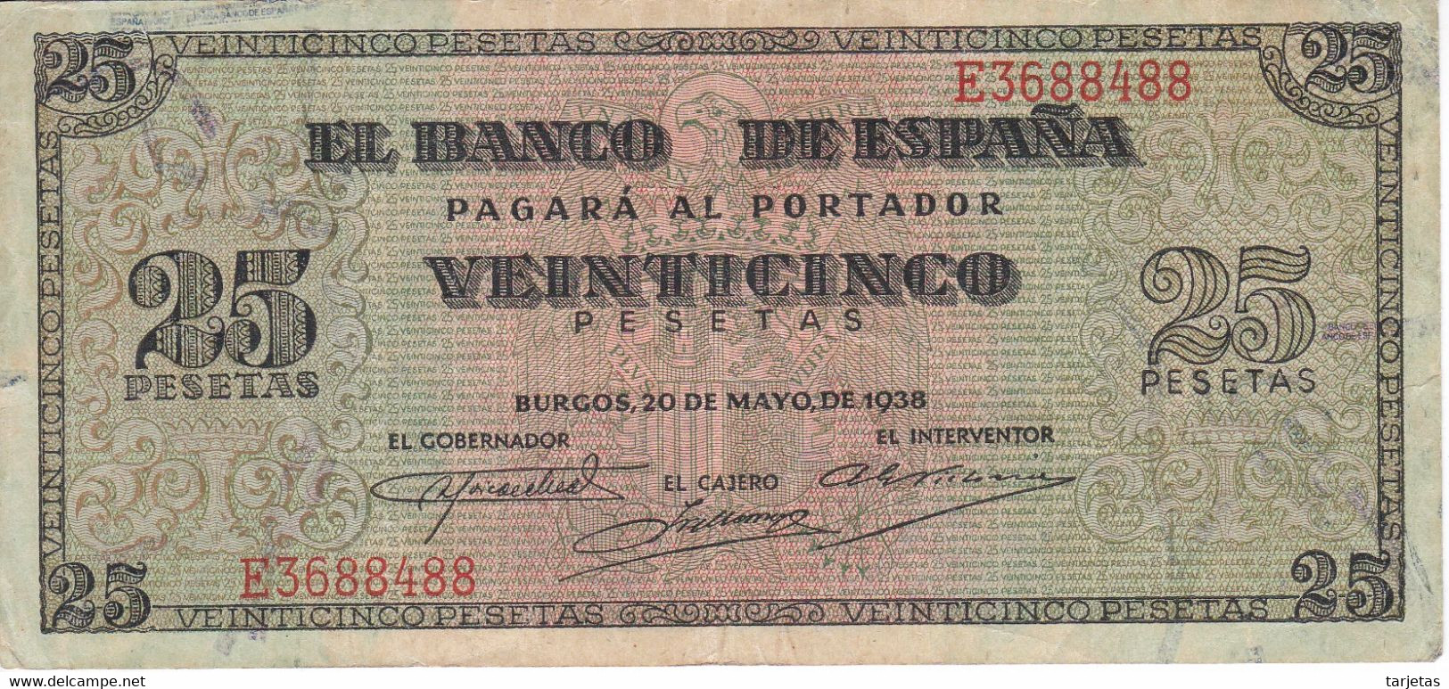 BILLETE DE BURGOS DE 25 PTAS DEL 20/05/1938 SERIE E EN CALIDAD MBC (VF) (BANKNOTE) - 25 Pesetas