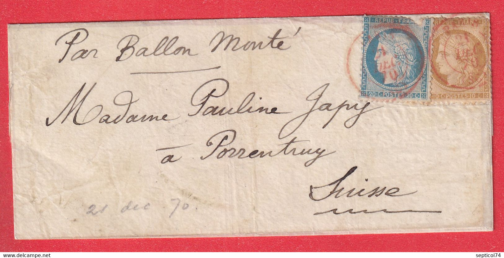 BALLON MONTE N°36 37 PARIS SC ROUGE DU 21 DECEMBRE 1870 POUR PORENTRUY SUISSE LE LAVOISIER - War 1870