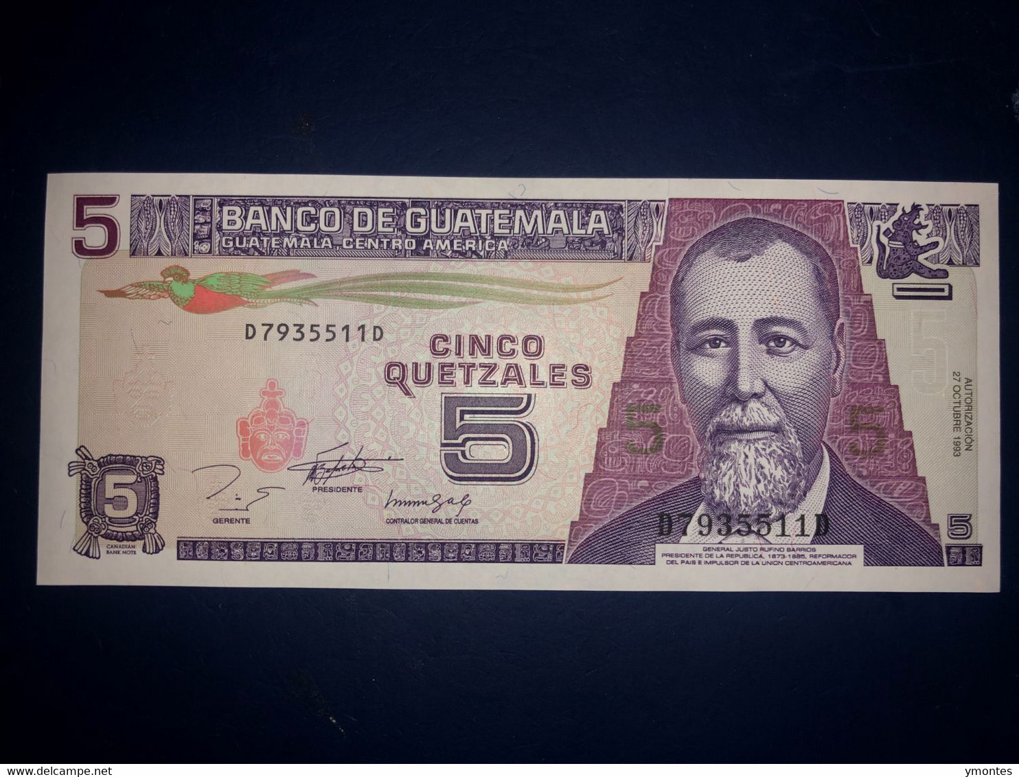 Uncirculated Guatemala Banknote 5 Quetzales P88a ( 10/27/1993) - Guatemala