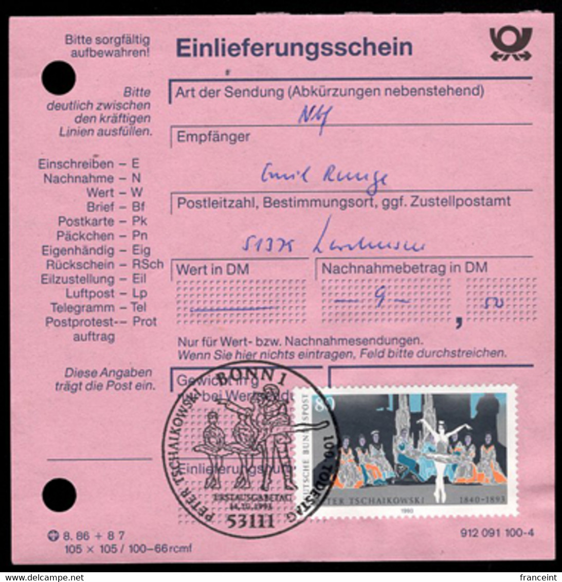 GERMANY (1993) Tchaikovsky Ballet. Illustrated Cancel On Official Consignment Receipt. Unusual Item! - Sonstige & Ohne Zuordnung