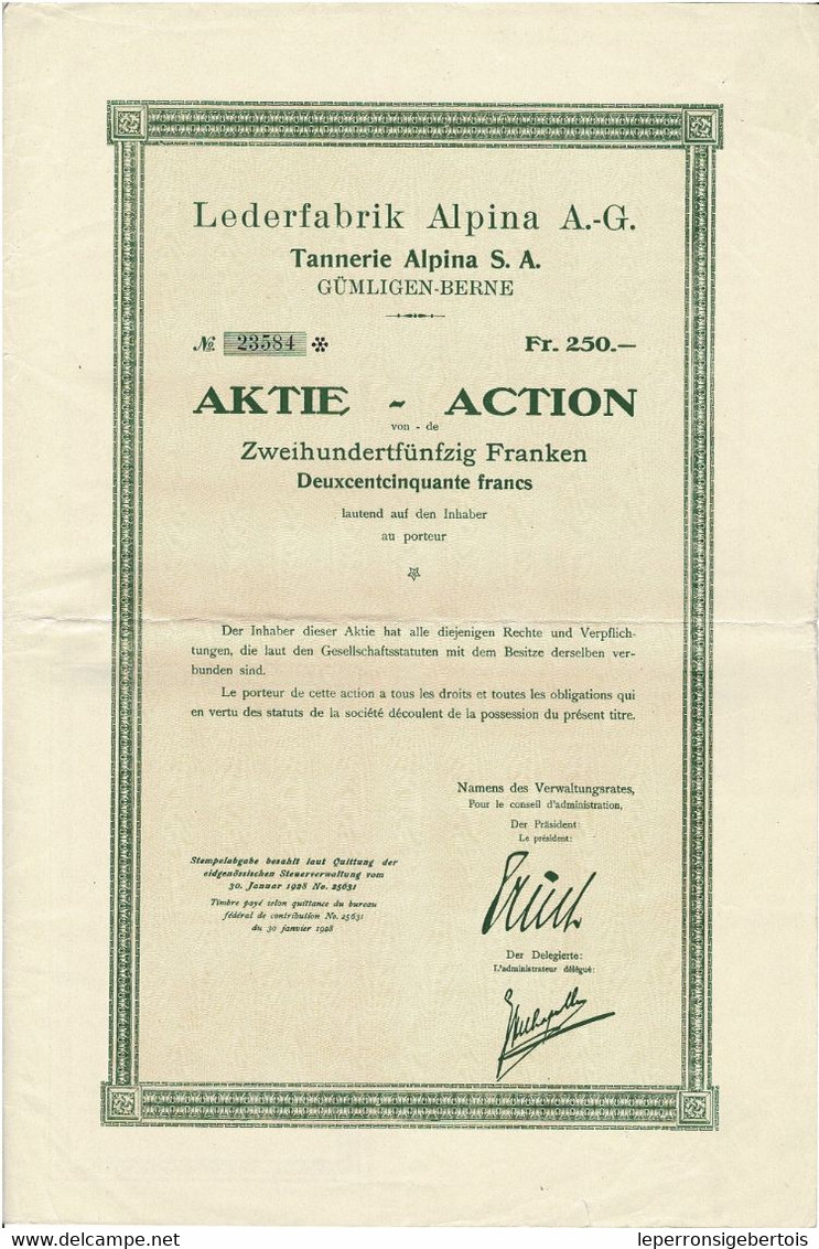 Titre Ancien - Lederfabrik Alpina A.G. - Tanerie Alpina S.A. - Titre De 1928 - - Textiel