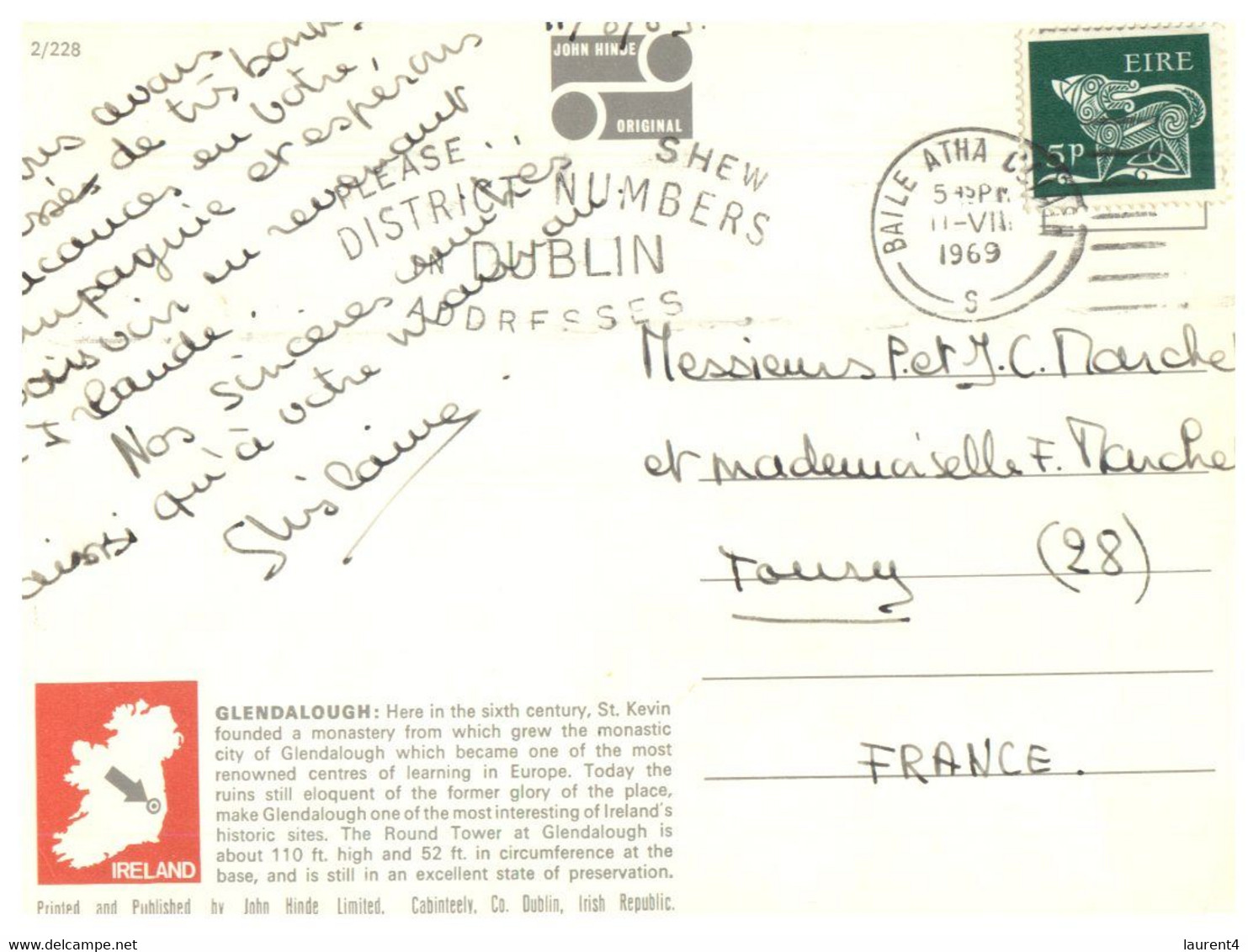(UU 16) Ireland Posted To France (1969) Glendalough - Wexford