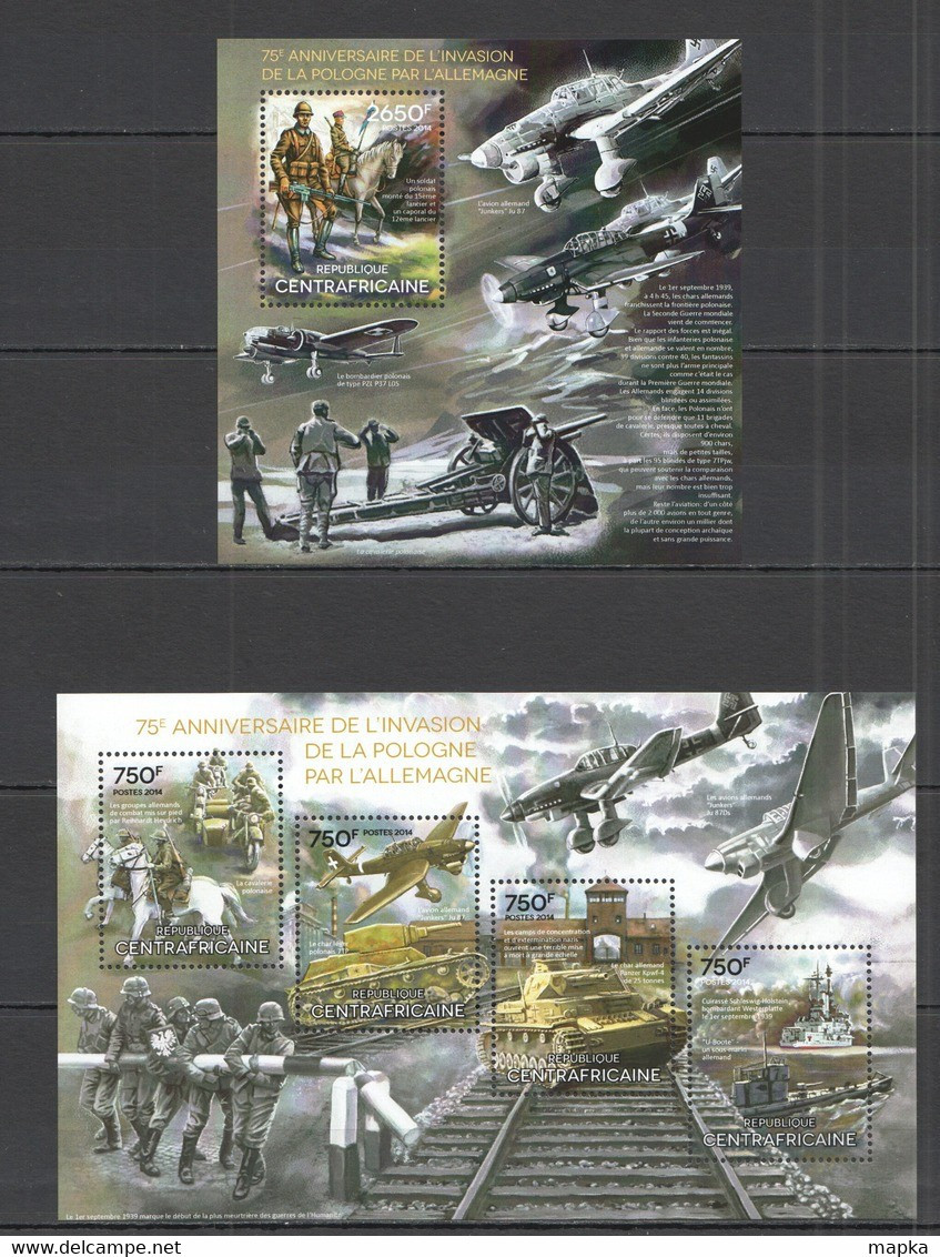 CA529 2014 CENTRAL AFRICA CENTRAFRICAINE WORLD WAR II ANNIVERSARY INVASION TO POLAND KB+BL MNH - WO2