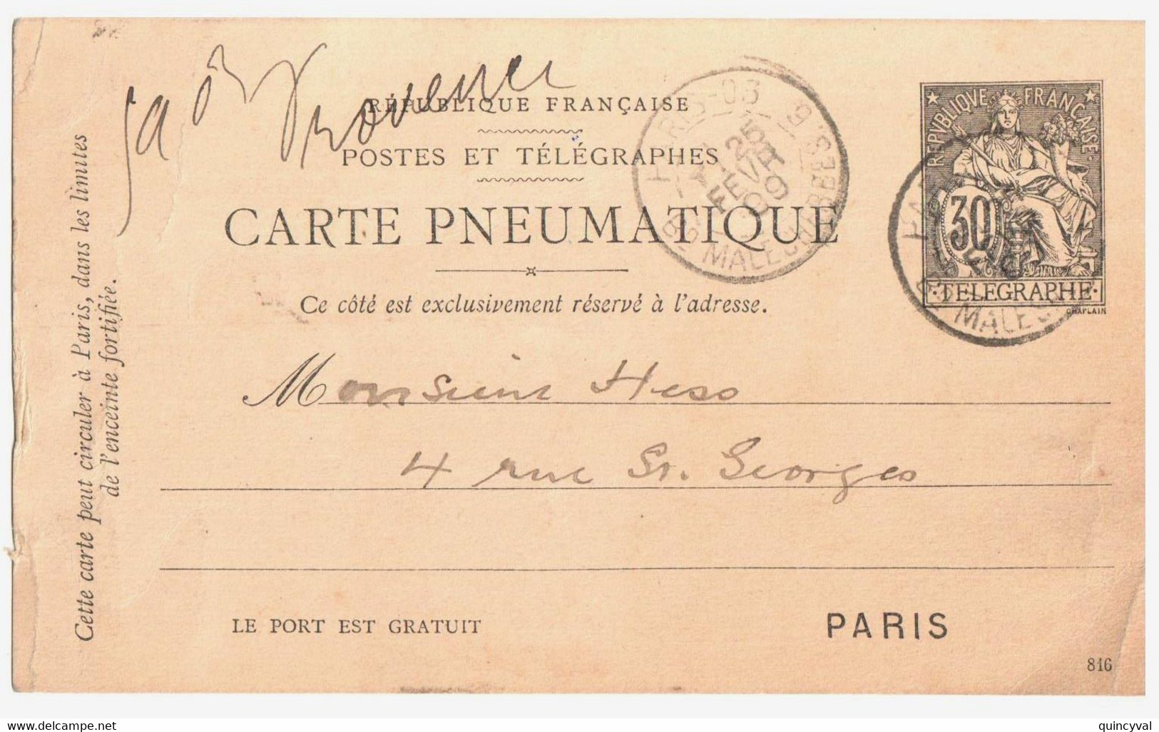 PARIS 05Malsherbesa Carte Pneumatique  Entier Chaplain 30c Noir Yv 2521 - Pneumatic Post