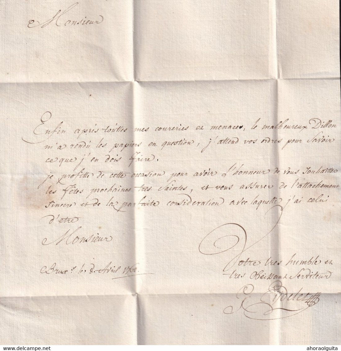 DDZ 816 - Lettre Précurseur 1762 - Griffe BRUXELLES Vers Walwein , Trésorier De La Chambre De Commerce De BRUGES - 1714-1794 (Paises Bajos Austriacos)