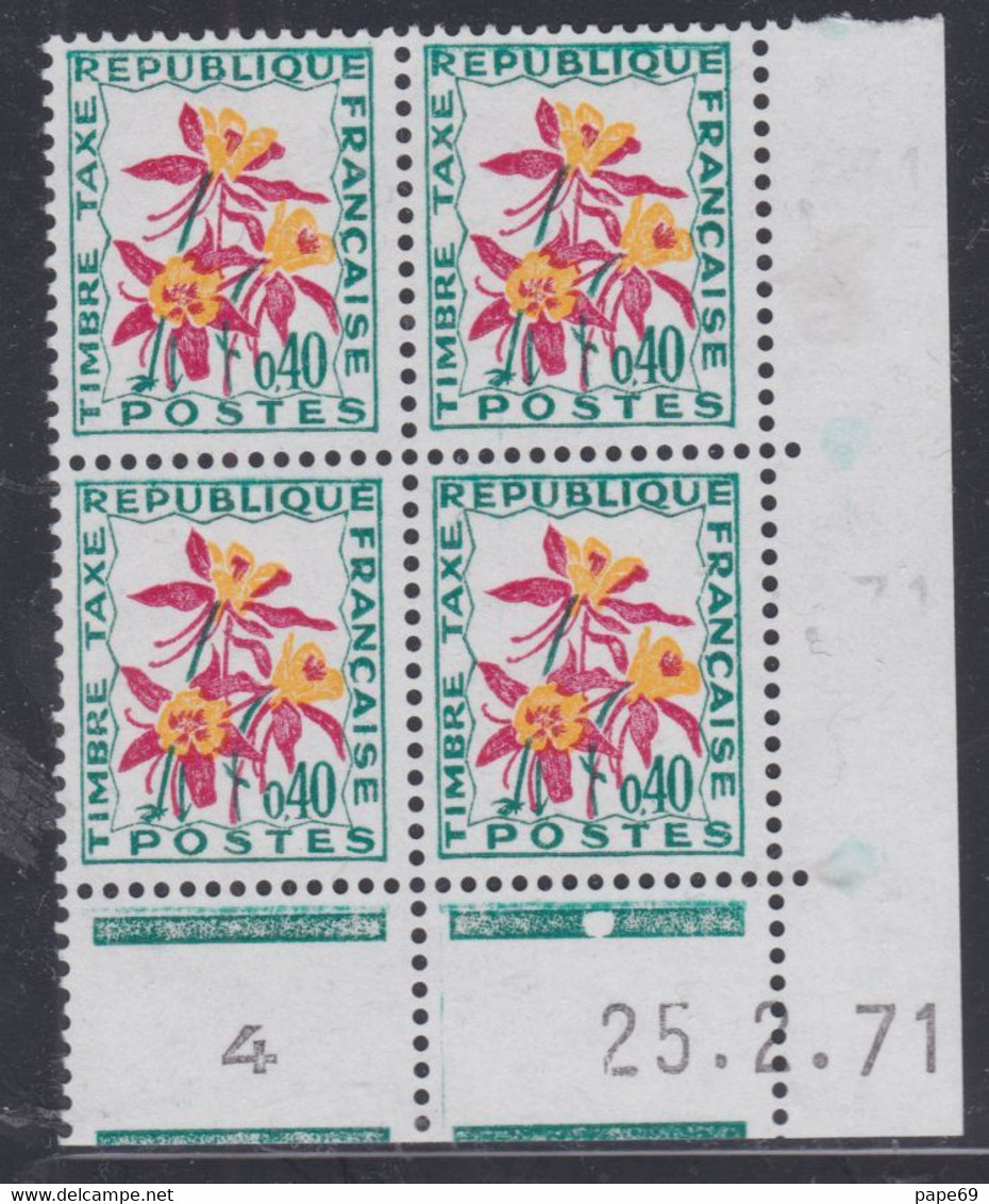 France Timbres-Taxe N° 100 XX Fleurs : 40 C. Ancolie, En Bloc De 4 Coin Daté Du 25. 2 . 71 ; 1 Point Blanc, Ss Ch., TB - Postage Due