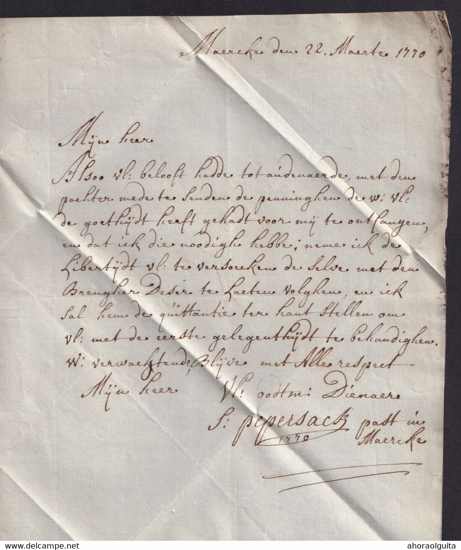 DDZ 825 - Lettre Précurseur 1770 - MAERCKE (MARKE) Vers GENDT - Signée Pepersack , Pastoor In Maercke - 1714-1794 (Paises Bajos Austriacos)