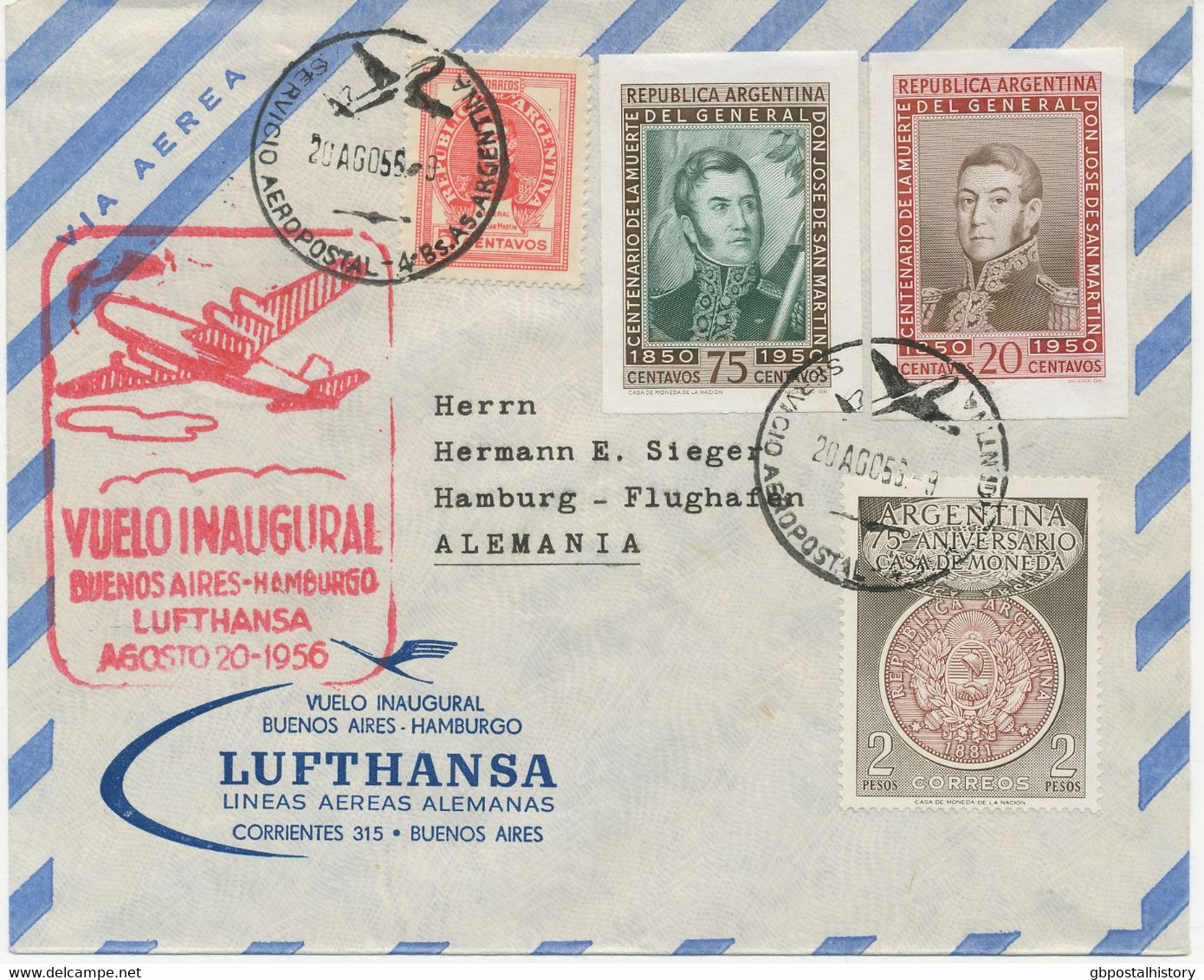 ARGENTINA 1956 Very Rare First Flight Of German Lufthansa BUENOS AIRES - HAMBURG - Aéreo