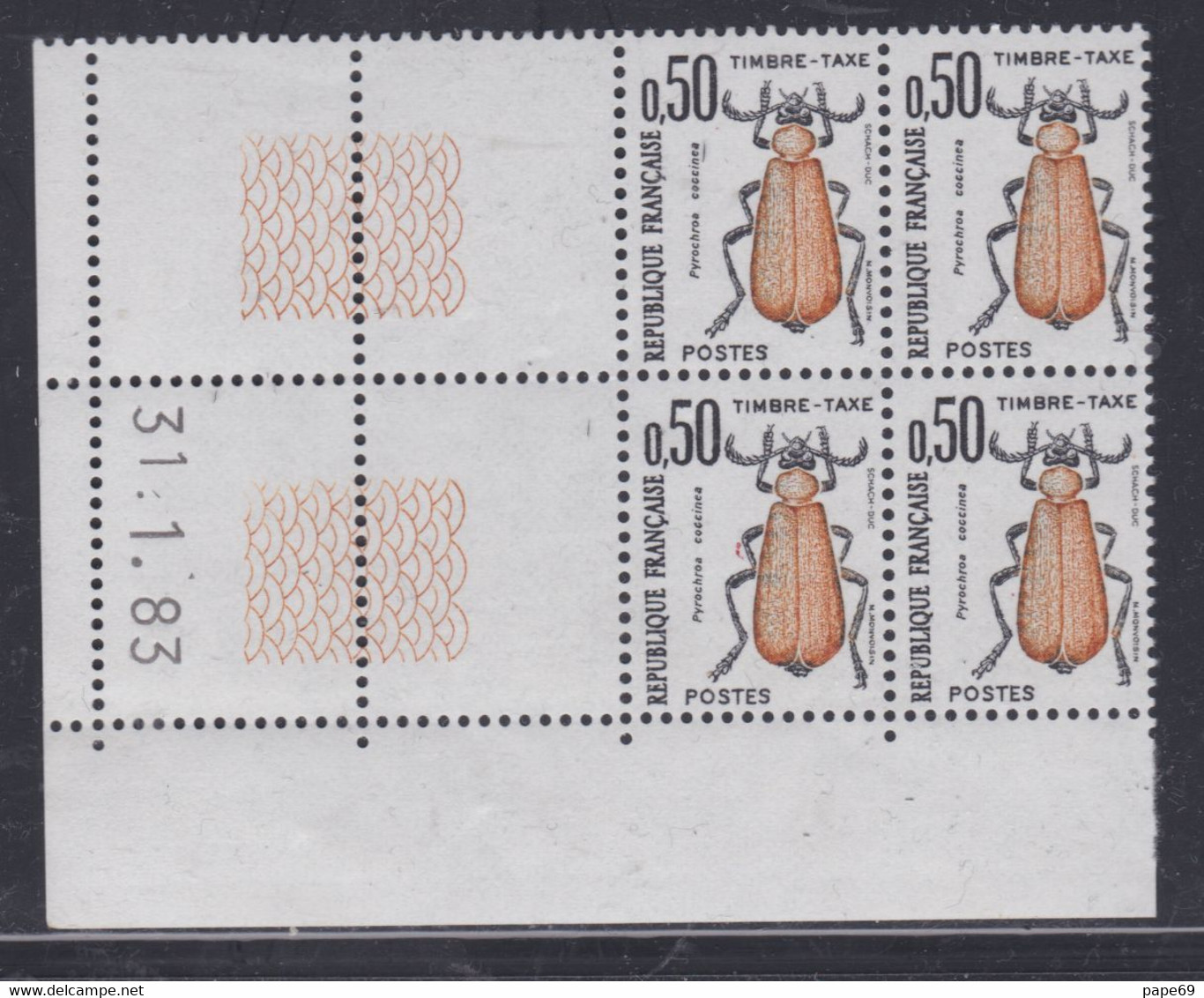 France Taxe N° 105 XX Insectes : 50 C. Coléoptère, En Bloc De 4 Coin Daté Du 31 .1 . 83 ; Sans Trait, Sans Charnière TB - Portomarken