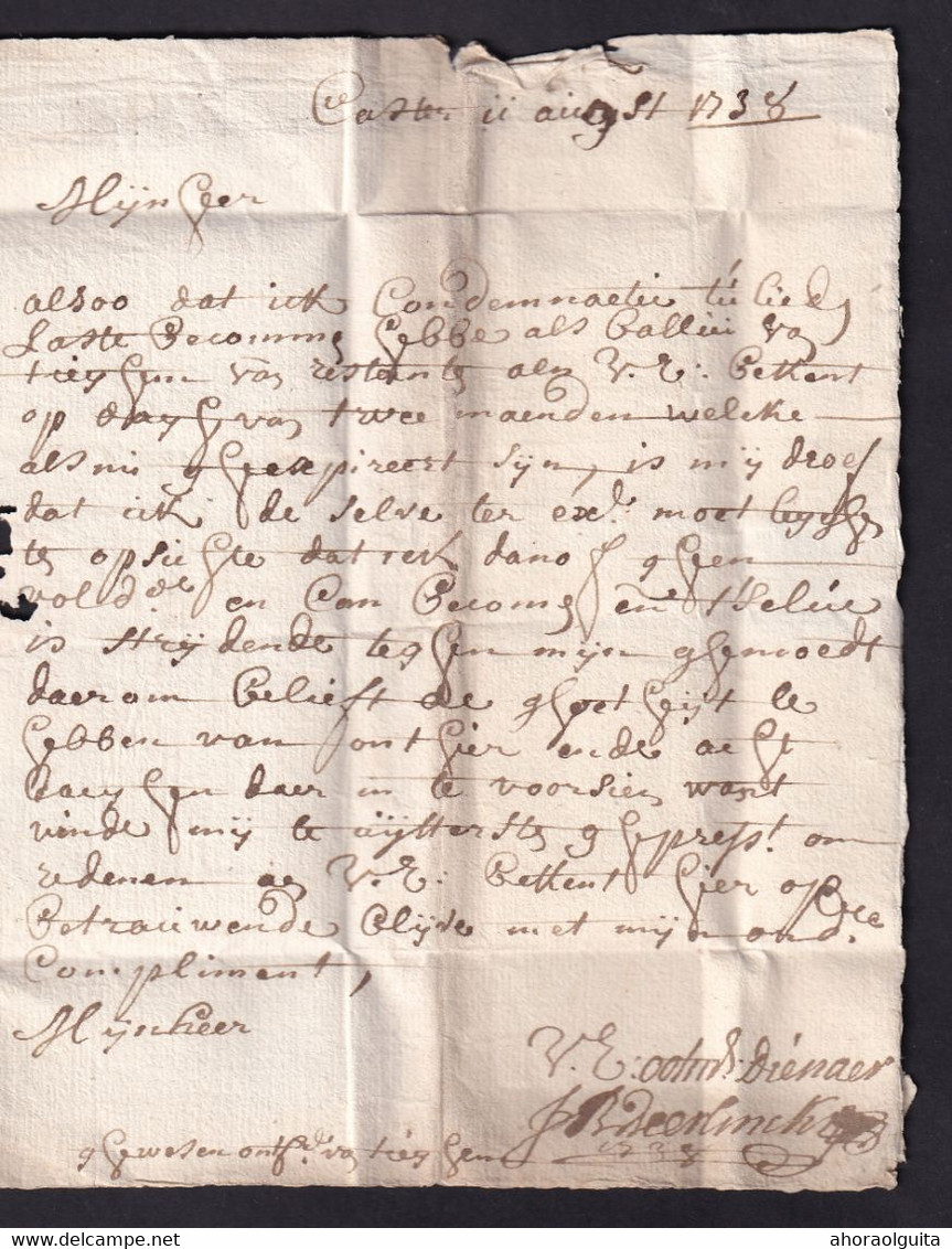 DDZ 830 - Lettre Précurseur 1738 - CASTER (KASTER) Vers BEVEREN Bij Kortrijk - Signée Deerlinck - 1714-1794 (Oesterreichische Niederlande)
