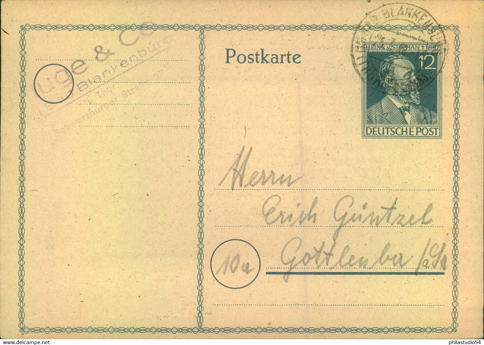 1948, 12 Pfg. Stephan Ganzsachenkarte Mit Privatem Zudruck (Rückseite) Ab BLANKENBURG - Autres & Non Classés