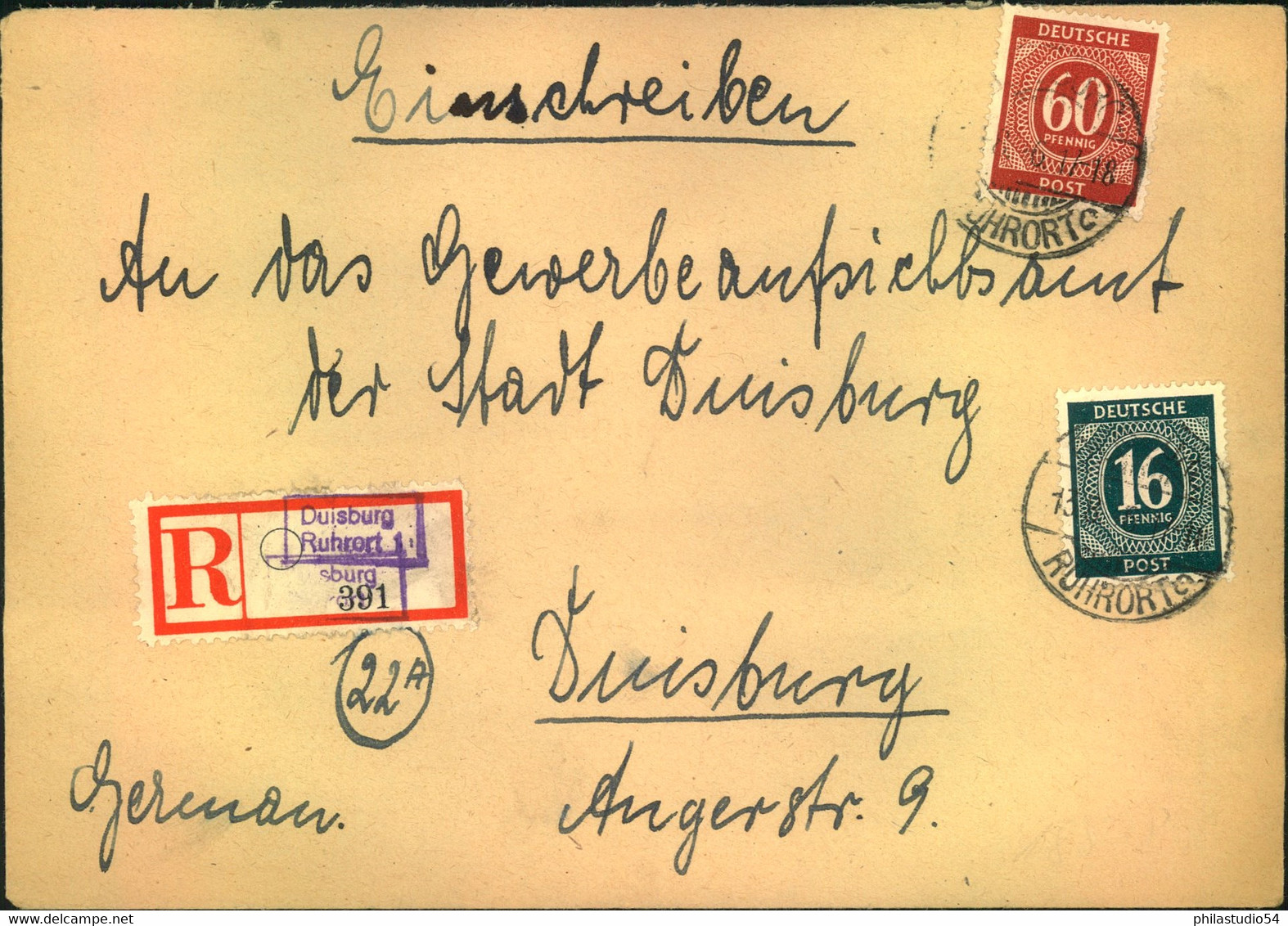 1946, "DUISBURG RUHRORT 1" Seltener Not-R-Zettel Auf Orts-R-Brief 60 Und 15 Pfg. Ziffer - Other & Unclassified