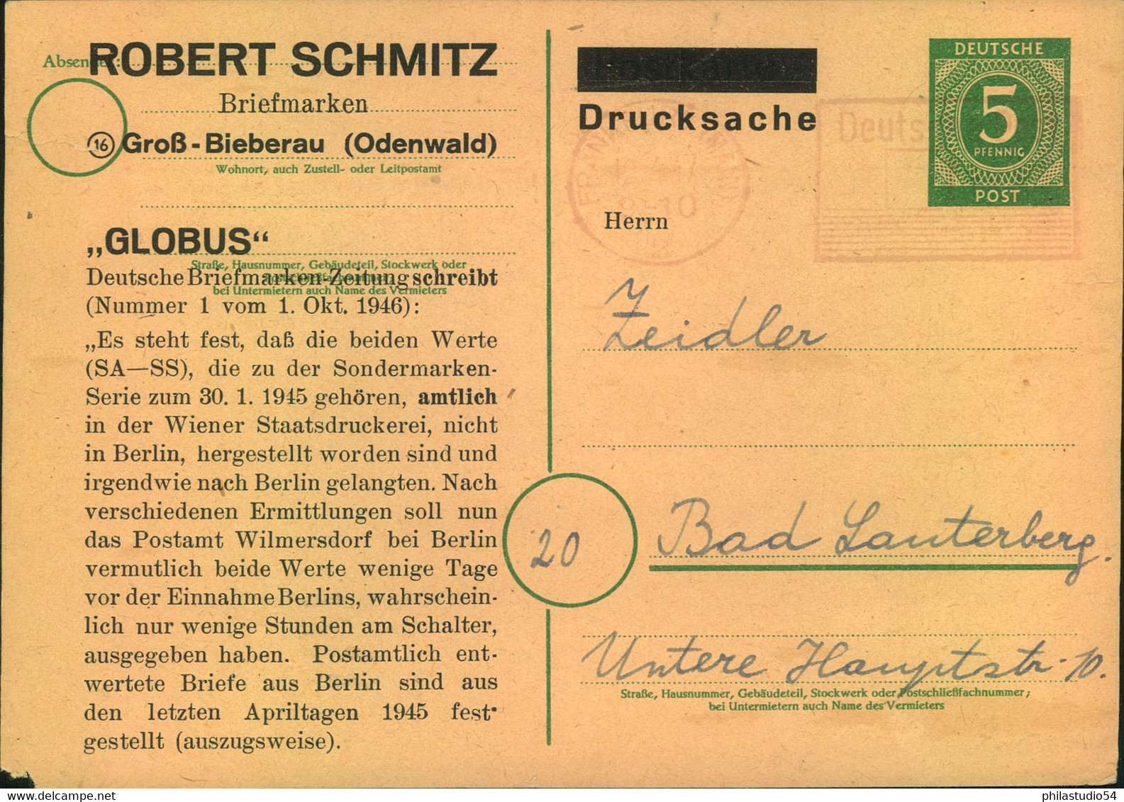 1947, 5 Pfg. Ganzsachenkarte Mit Privatem Zudruck Und Postfreistempel Ab Groß-Bieberau - Autres & Non Classés