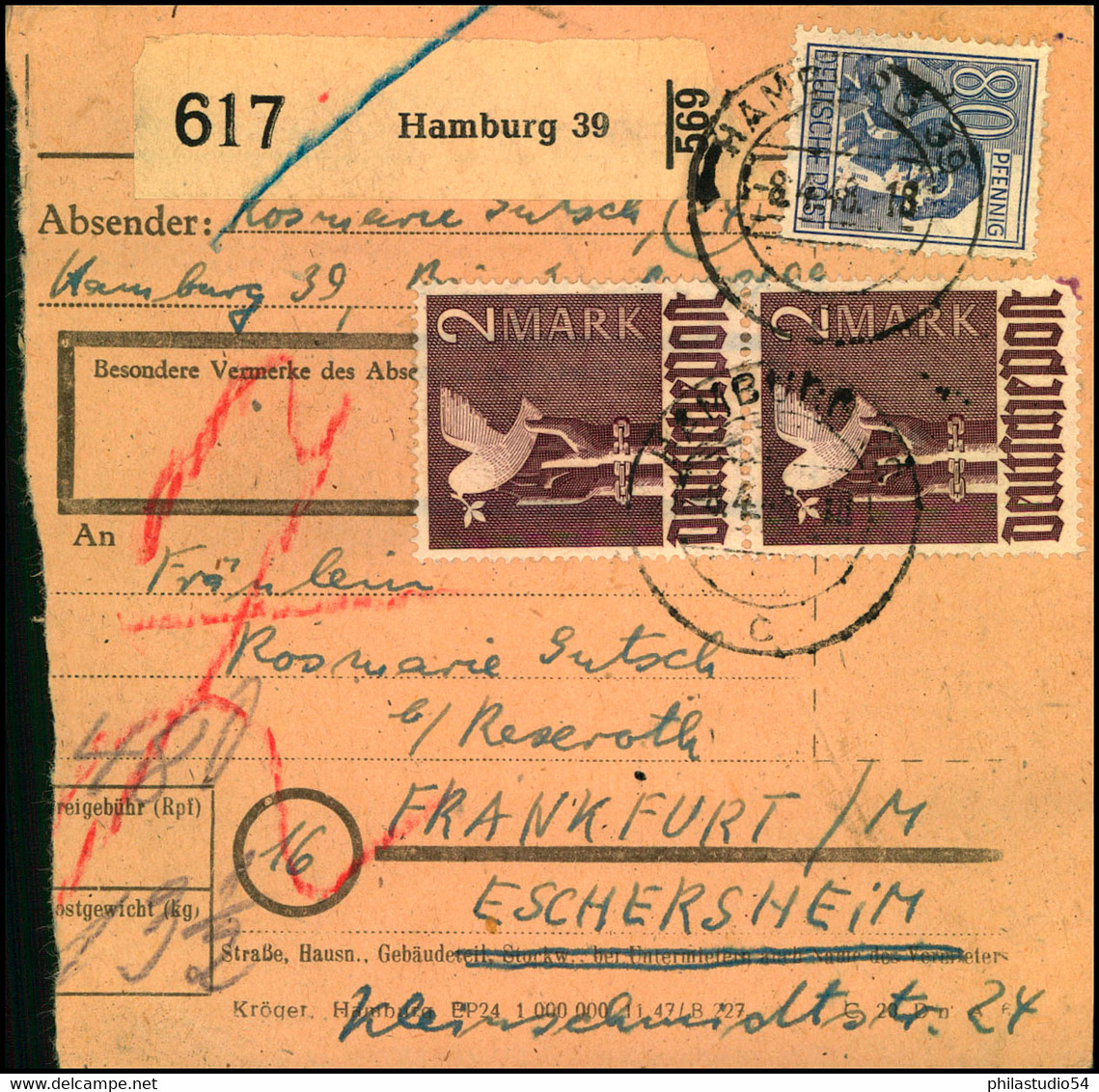 1948, Paketkarte Ab HAMBURG 30 Mit Hoher Frankatur - Altri & Non Classificati