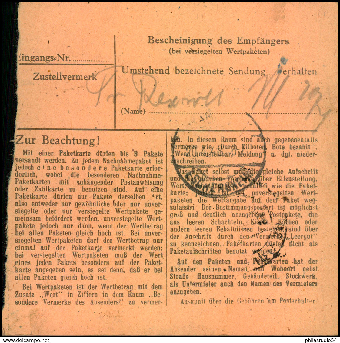 1948, Paketkarte Ab HAMBURG 30 Mit Hoher Frankatur - Sonstige & Ohne Zuordnung