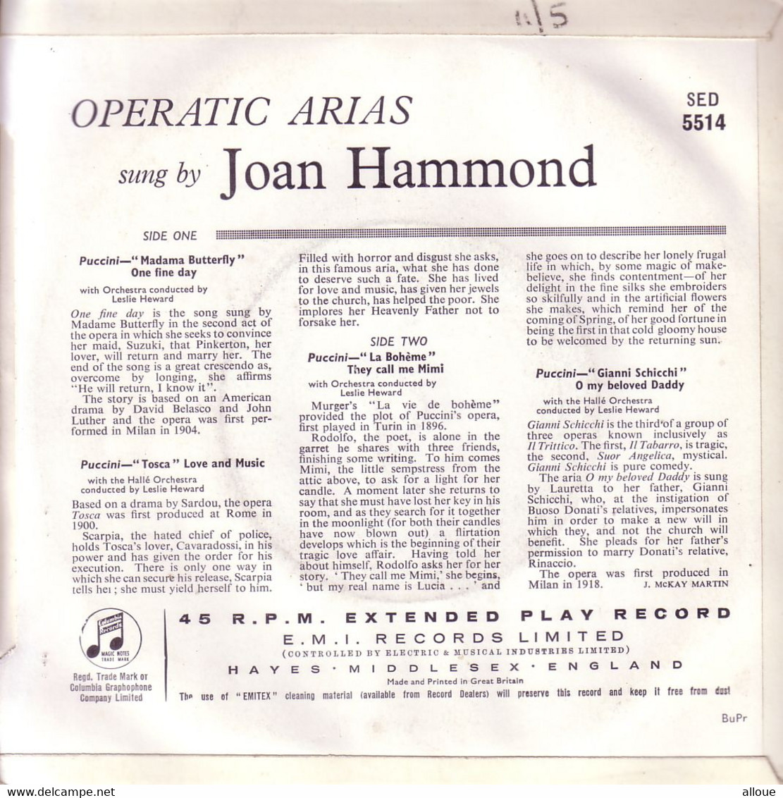 JOAN HAMMOND UK EP  - OPERATIC ARIAS - Opere