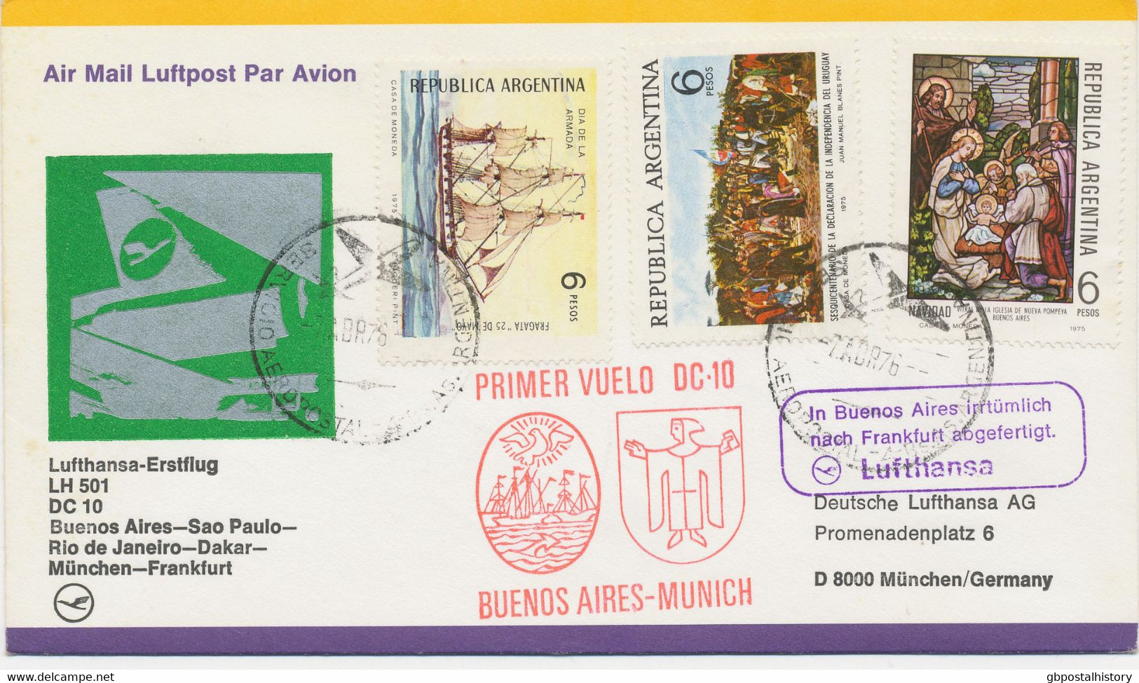 ARGENTINA 1976 Superb First Flight Of German Lufthansa W DC 10, Flight LH 501 BUNOS AIRES To MUNICH - Poste Aérienne