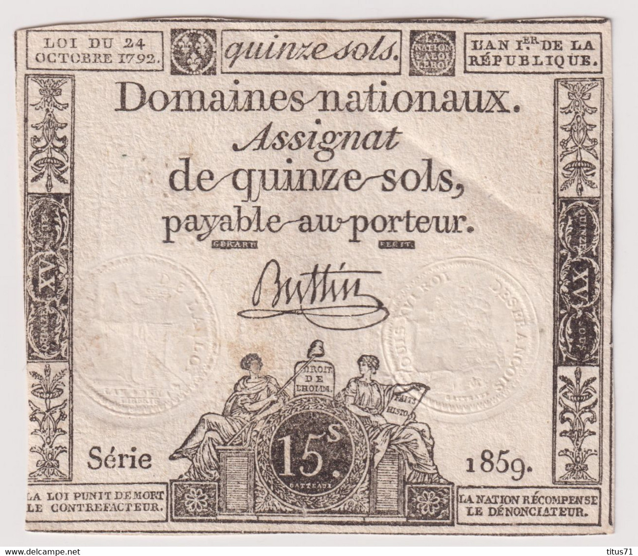 Assignat De Quinze Sols / 15 Sols - 24 Octobre 1792 - Série 1859 - Assignats