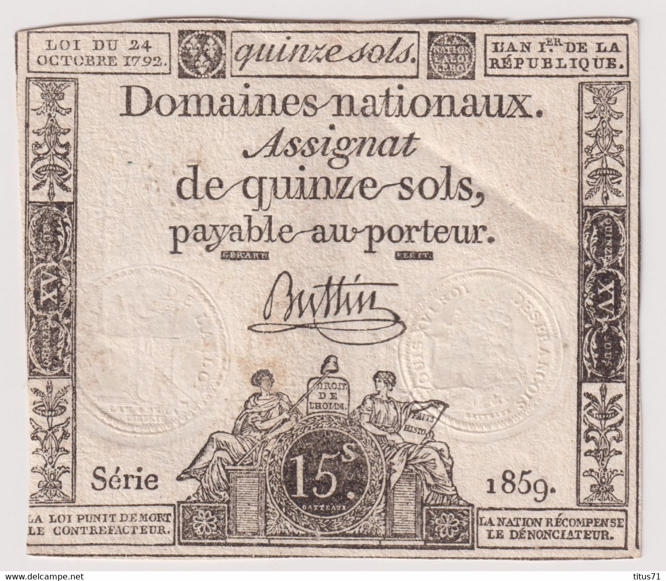 Assignat De Quinze Sols / 15 Sols - 24 Octobre 1792 - Série 1859 - Assignats & Mandats Territoriaux