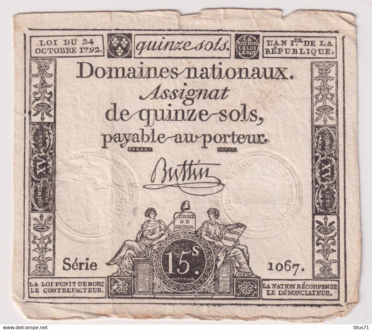 Assignat De Quinze Sols / 15 Sols - 24 Octobre 1792 - Série 1067 - Assignate