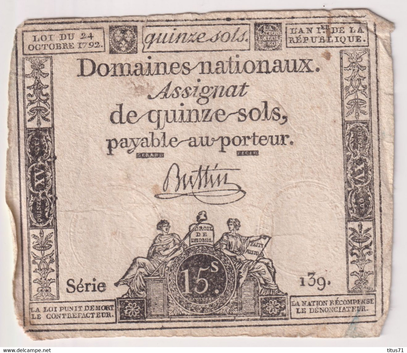 Assignat De Quinze Sols / 15 Sols - 24 Octobre 1792 - Série 139 - Assegnati