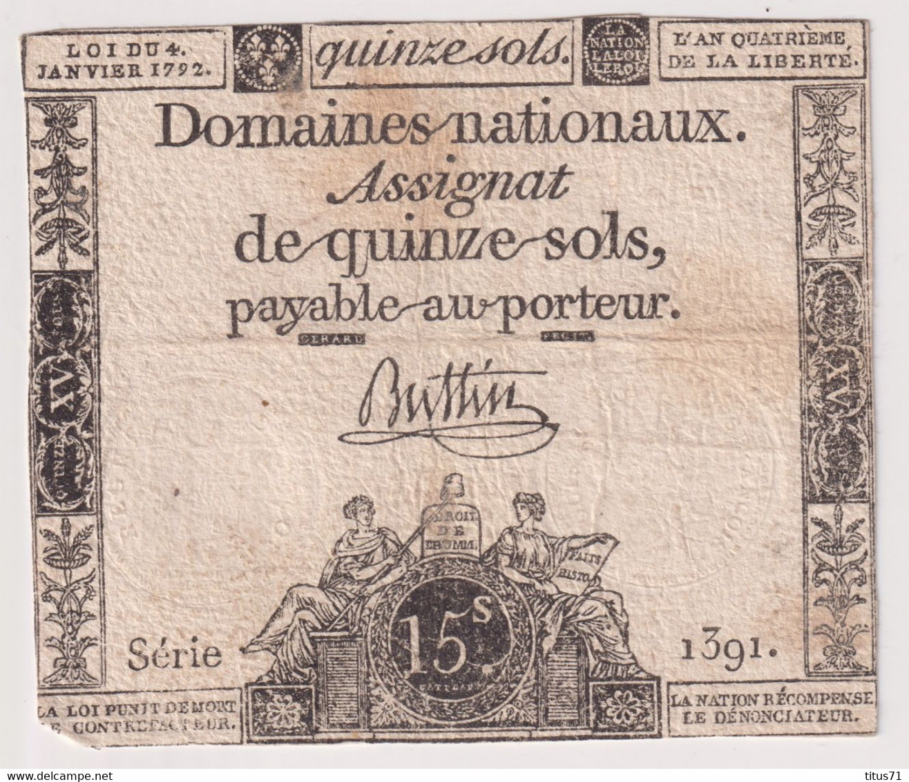 Assignat De Quinze Sols / 15 Sols - 4 Janvier 1792 - Série 1391 - Assignate